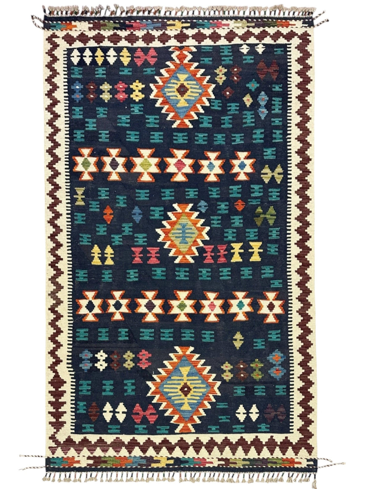 Afghan Kilim Rug 4x6, Navy, Ivory & Rust, Hand-Woven Wool Flatweave