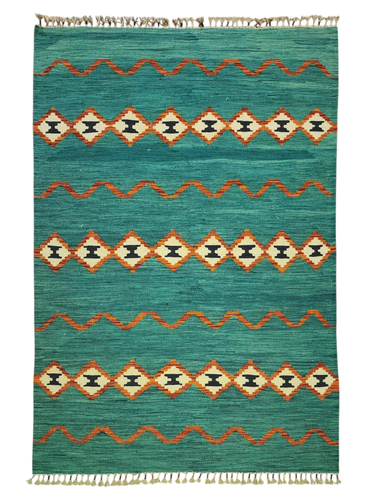 Afghan Kilim Rug 4x6, Teal, Green & Ivory, Hand-Woven Wool Flatweave