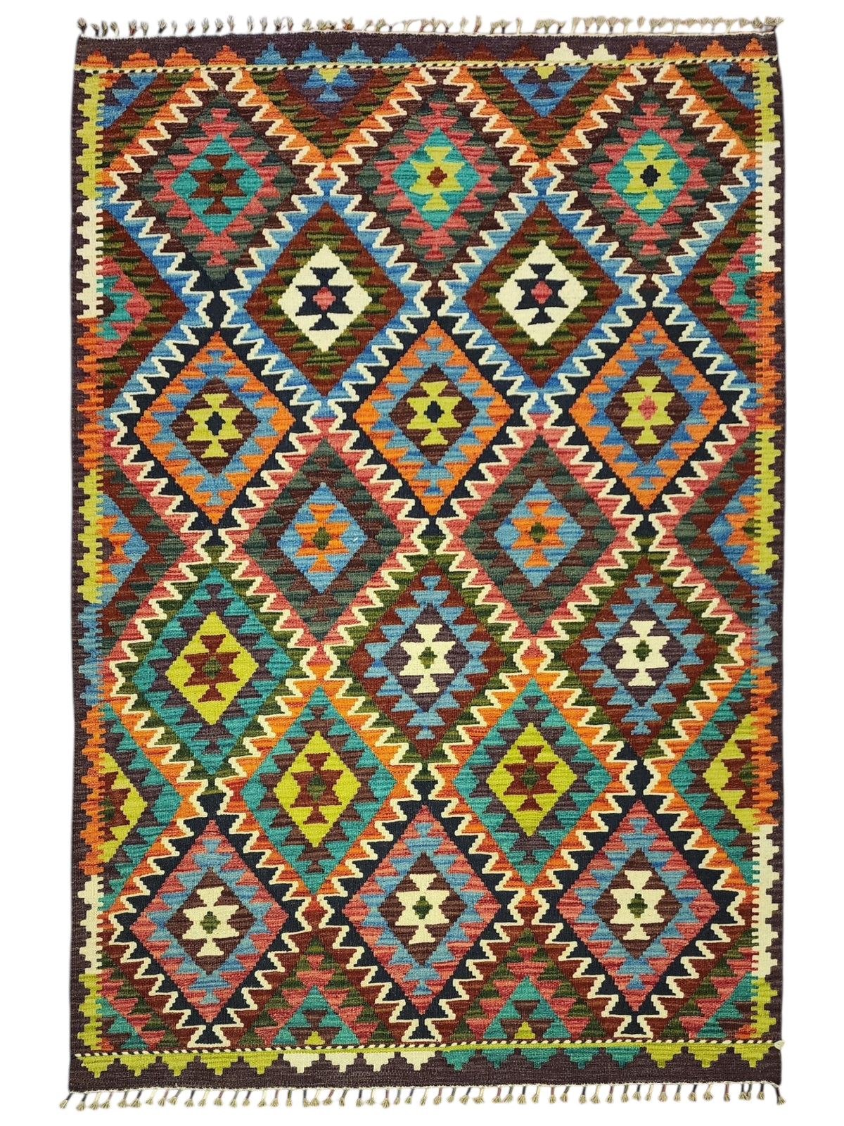 Afghan Kilim Rug 4x6, Brown, Orange & Teal, Hand-Woven Wool Flatweave
