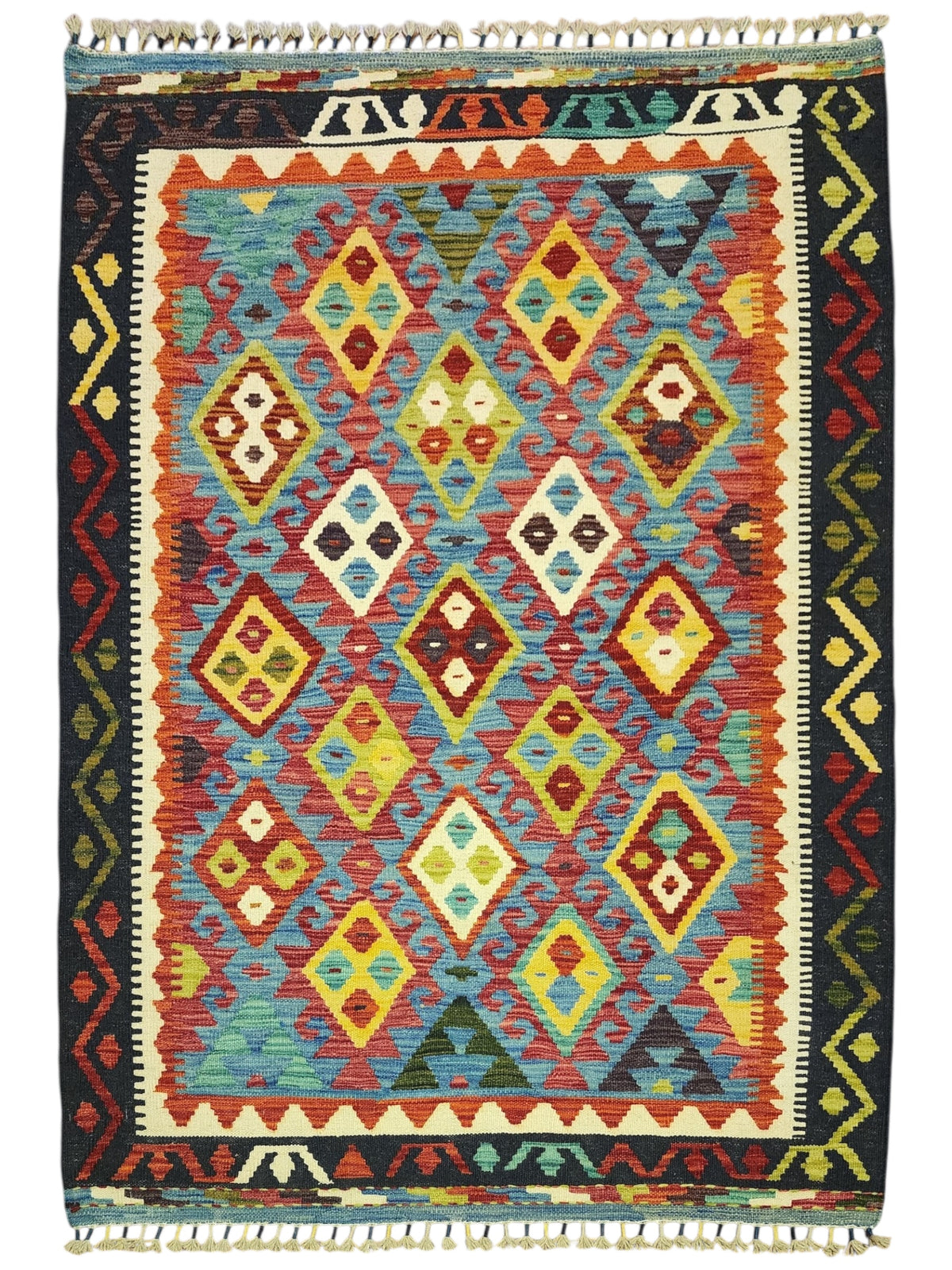Afghan Kilim Rug 4x6, Rust, Blue & Navy, Hand-Woven Wool Flatweave