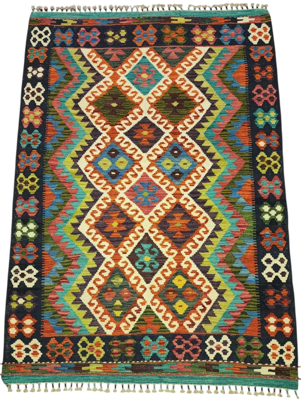 Afghan Kilim Rug 4x6, Navy, Rust & Ivory, Diamond Lattice Wool Flatweave, view 2