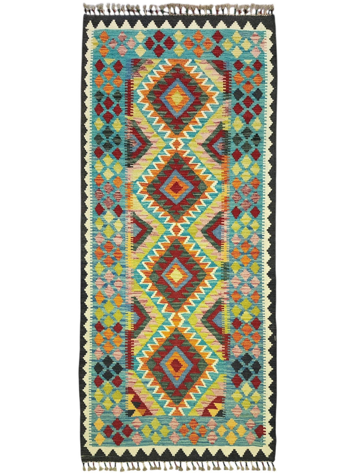 Afghan Kilim Rug 3x7, Teal, Rust & Ivory, Hand-Woven Wool Flatweave
