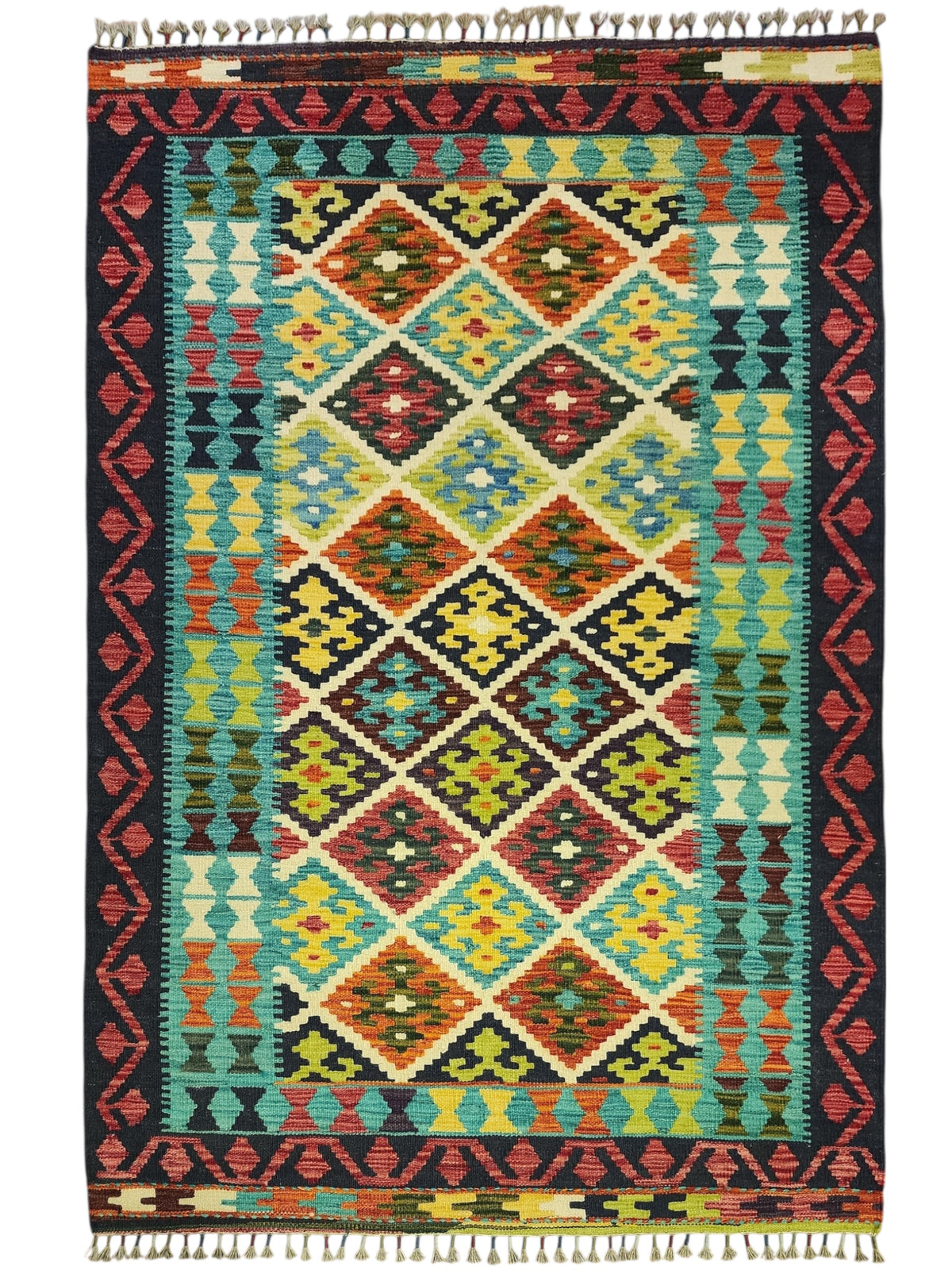 Afghan Kilim Rug 4x6, Navy, Teal & Rust, Diamond Lattice Wool Flatweave