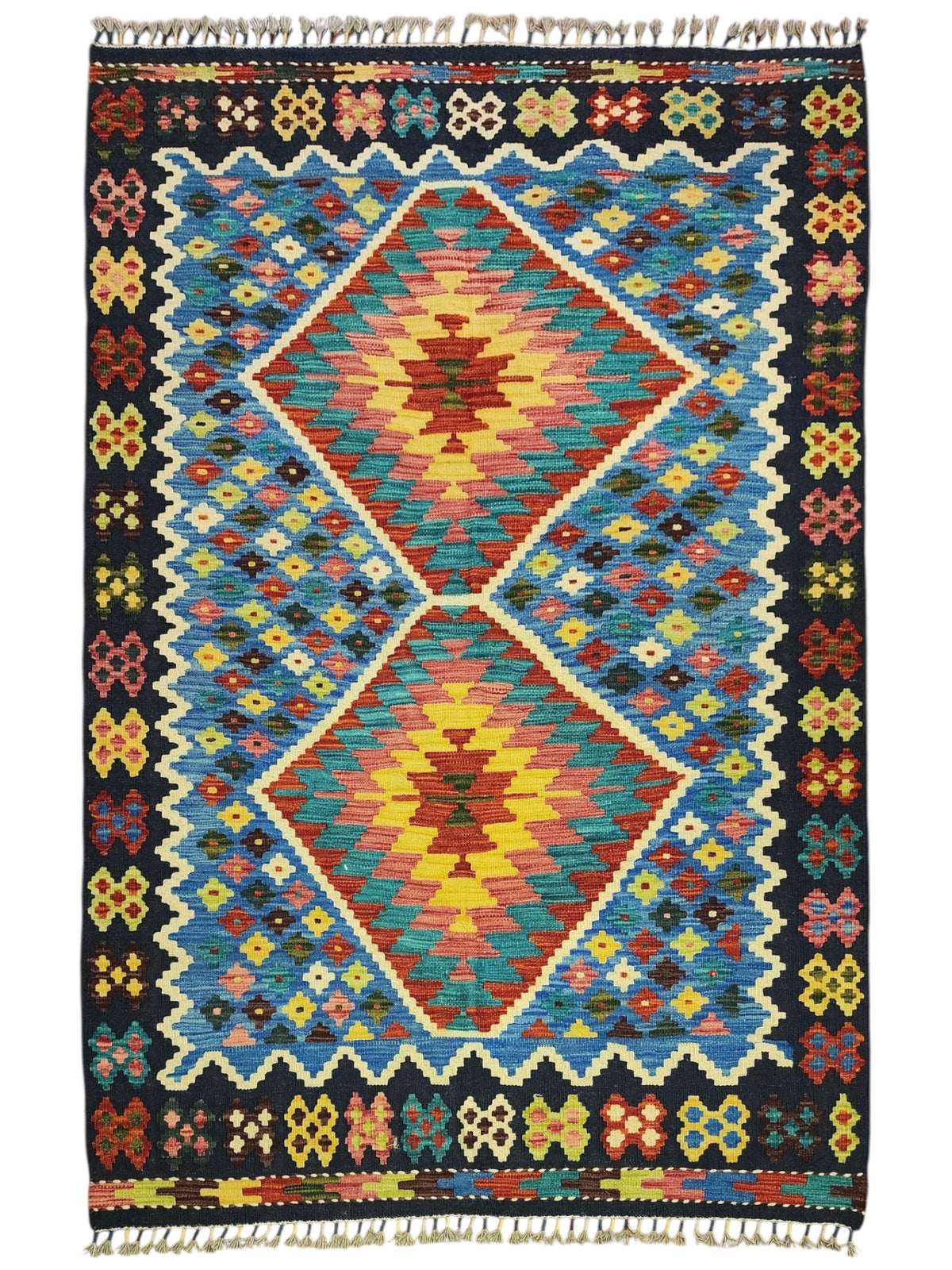 Afghan Kilim Rug 4x6, Blue, Navy & Rust, Hand-Woven Wool Flatweave