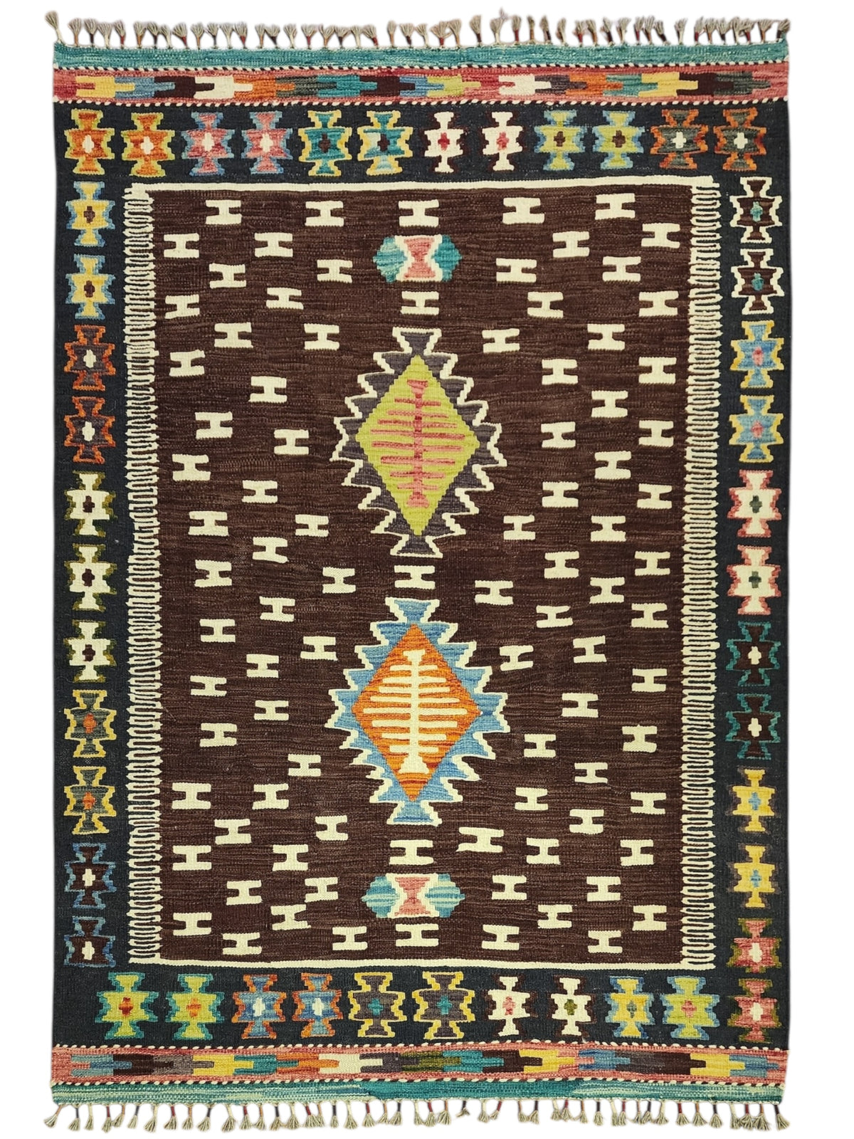 Afghan Kilim Rug 4x6, Brown, Navy & Ivory, Hand-Woven Wool Flatweave