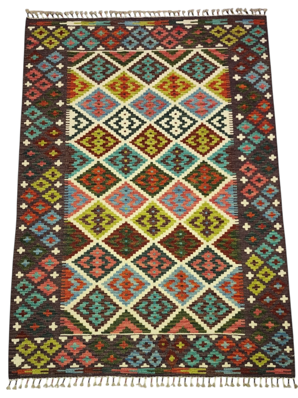 Afghan Kilim Rug 4x6, Brown, Ivory & Rust, Hand-Woven Wool Flatweave, view 2