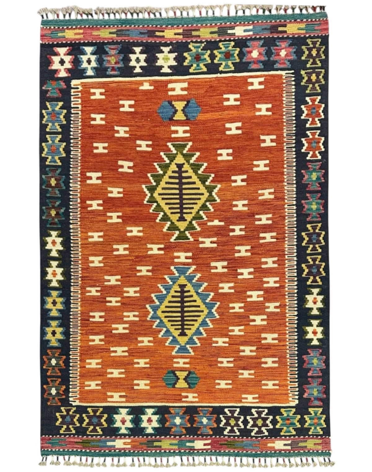 Afghan Kilim Rug 4x6, Orange, Navy & Ivory, Hand-Woven Wool Flatweave