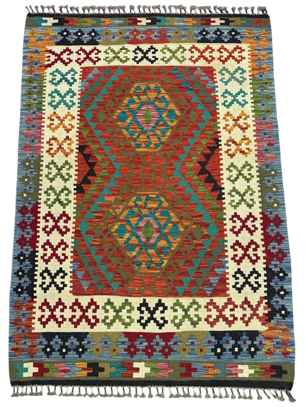 Afghan Kilim Rug 4x6, Rust, Ivory & Teal, Hand-Woven Wool Flatweave, view 2