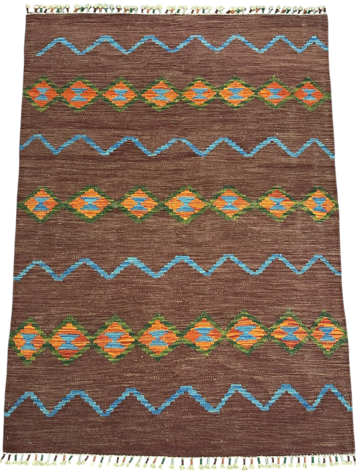 Afghan Kilim Rug 4x6, Brown, Blue & Orange, Hand-Woven Wool Flatweave, view 2