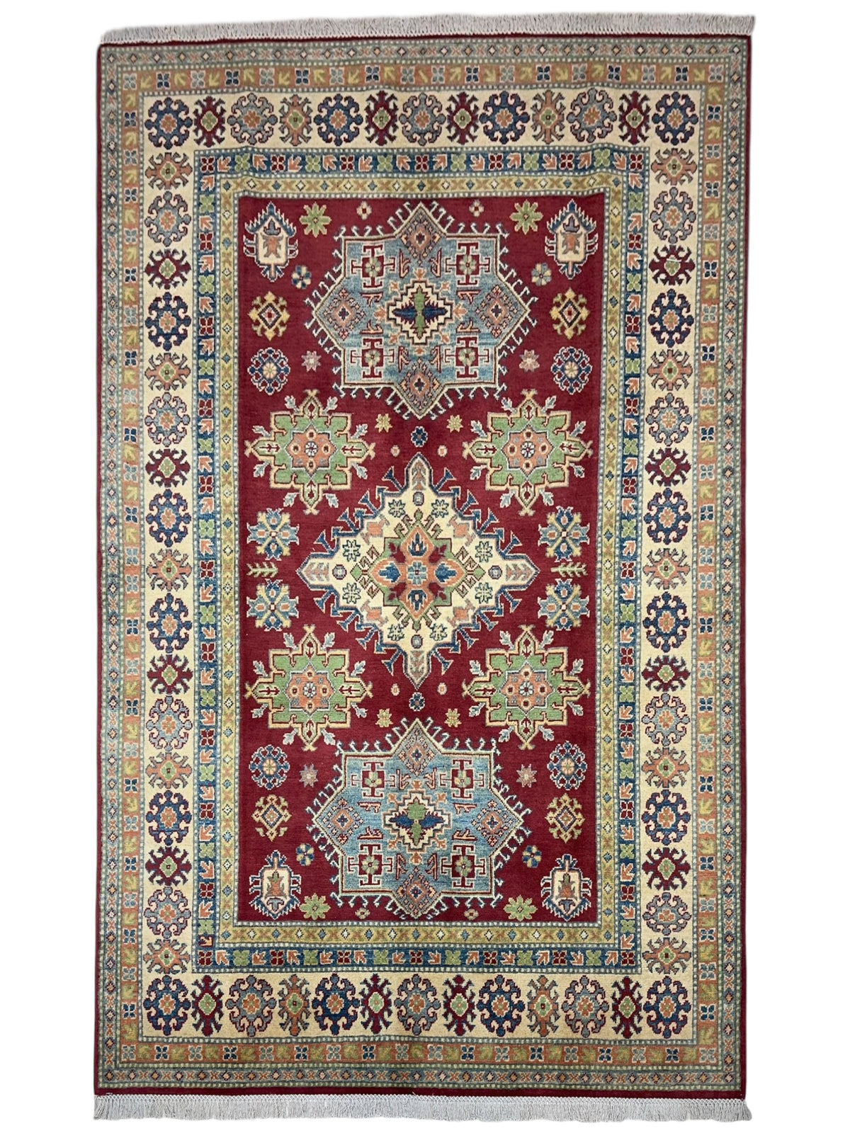 Afghan Kazak Rug 5'7" x 7'11", Hand-Knotted Wool, Cream, Green & Red