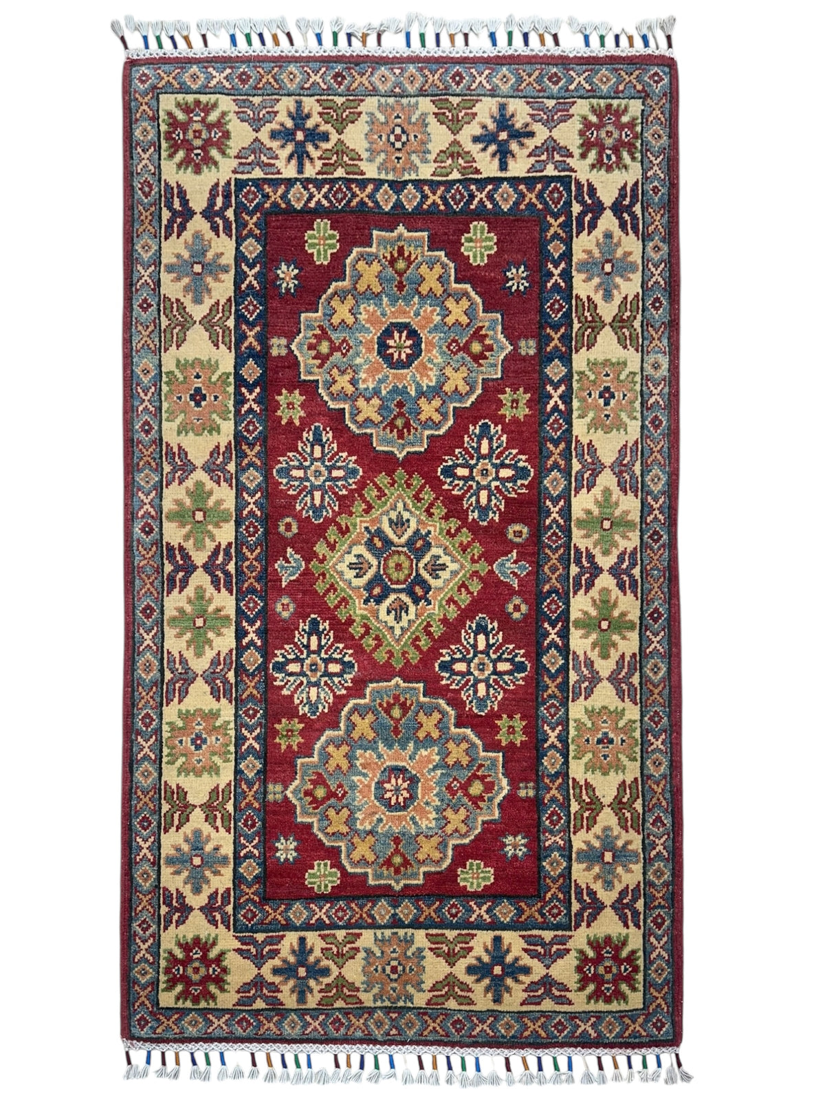 Afghan Kazak Rug 2'8" x 4'4", Hand-Knotted Wool, Cream & Red