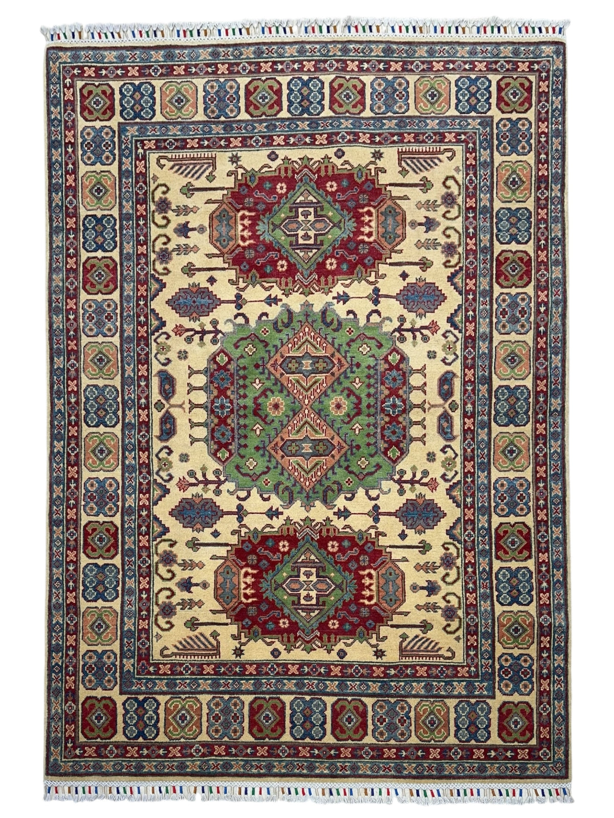 Afghan Kazak Rug 4'11" x 6'7", Hand-Knotted Wool, Cream & Green