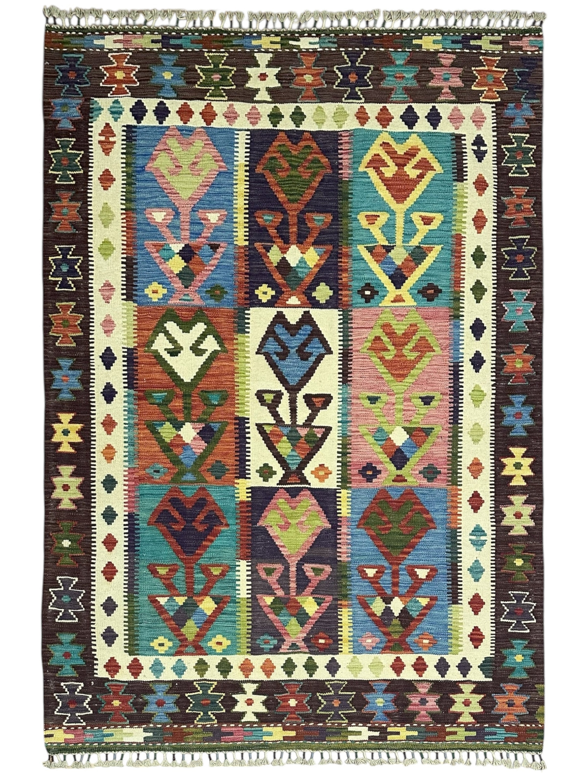 Afghan Kilim Rug 5x7, Brown, Ivory & Teal, Hand-Woven Wool Flatweave