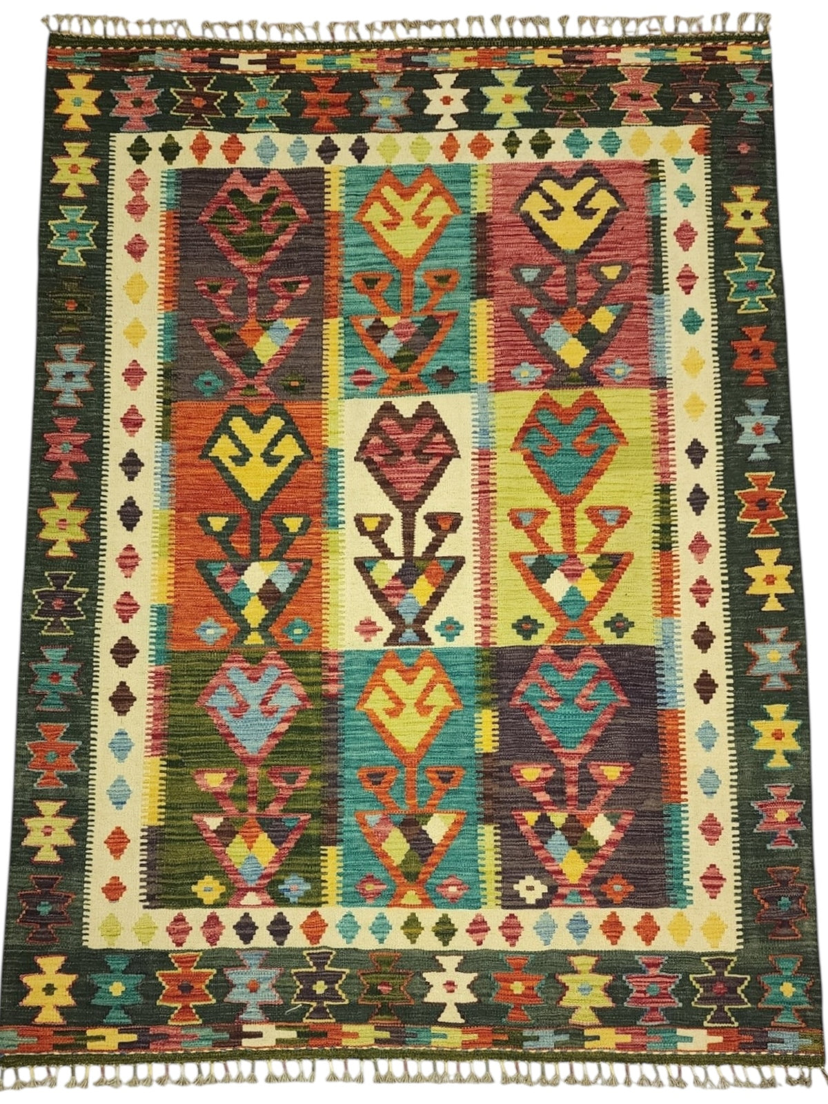 Afghan Kilim Rug 5x7, Green, Ivory & Rust, Hand-Woven Wool Flatweave, view 2