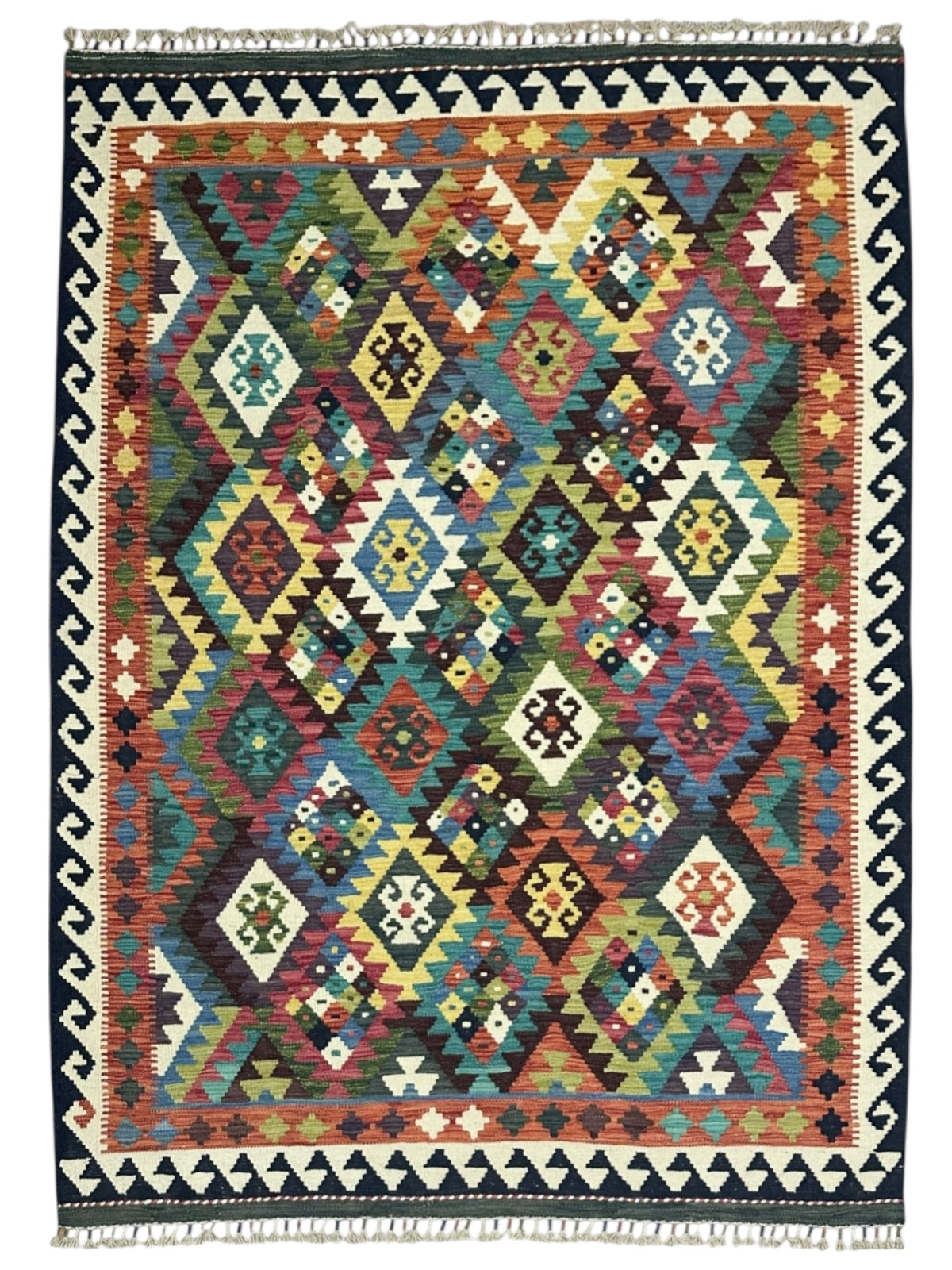 Afghan Kilim Rug 5x7, Rust, Teal & Navy, Diamond Lattice Wool Flatweave