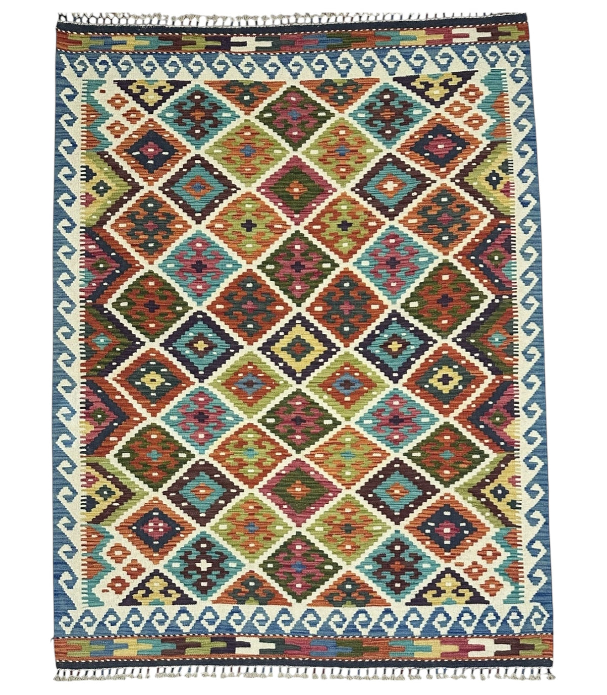 Afghan Kilim Rug 5x7, Rust, Ivory & Olive Green, Hand-Woven Wool Flatweave, view 2