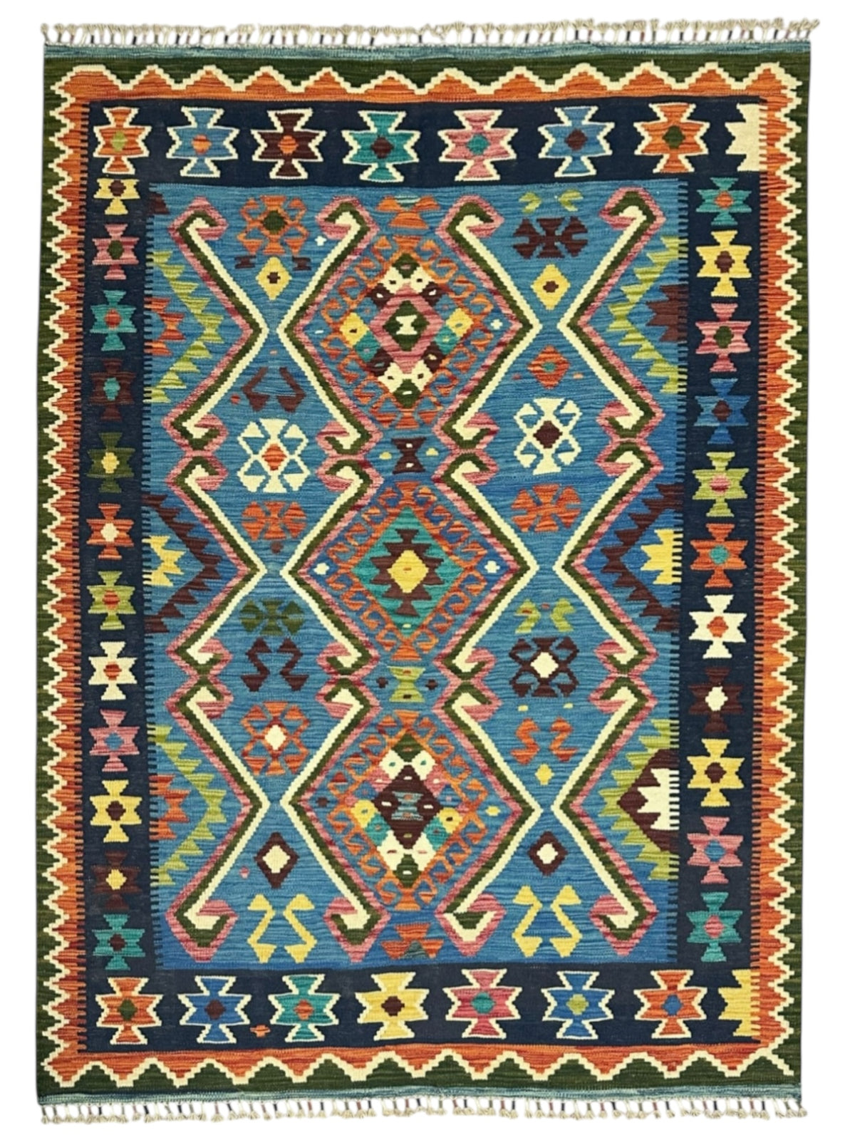 Afghan Kilim Rug 5x7, Blue, Navy & Orange, Hand-Woven Wool Flatweave