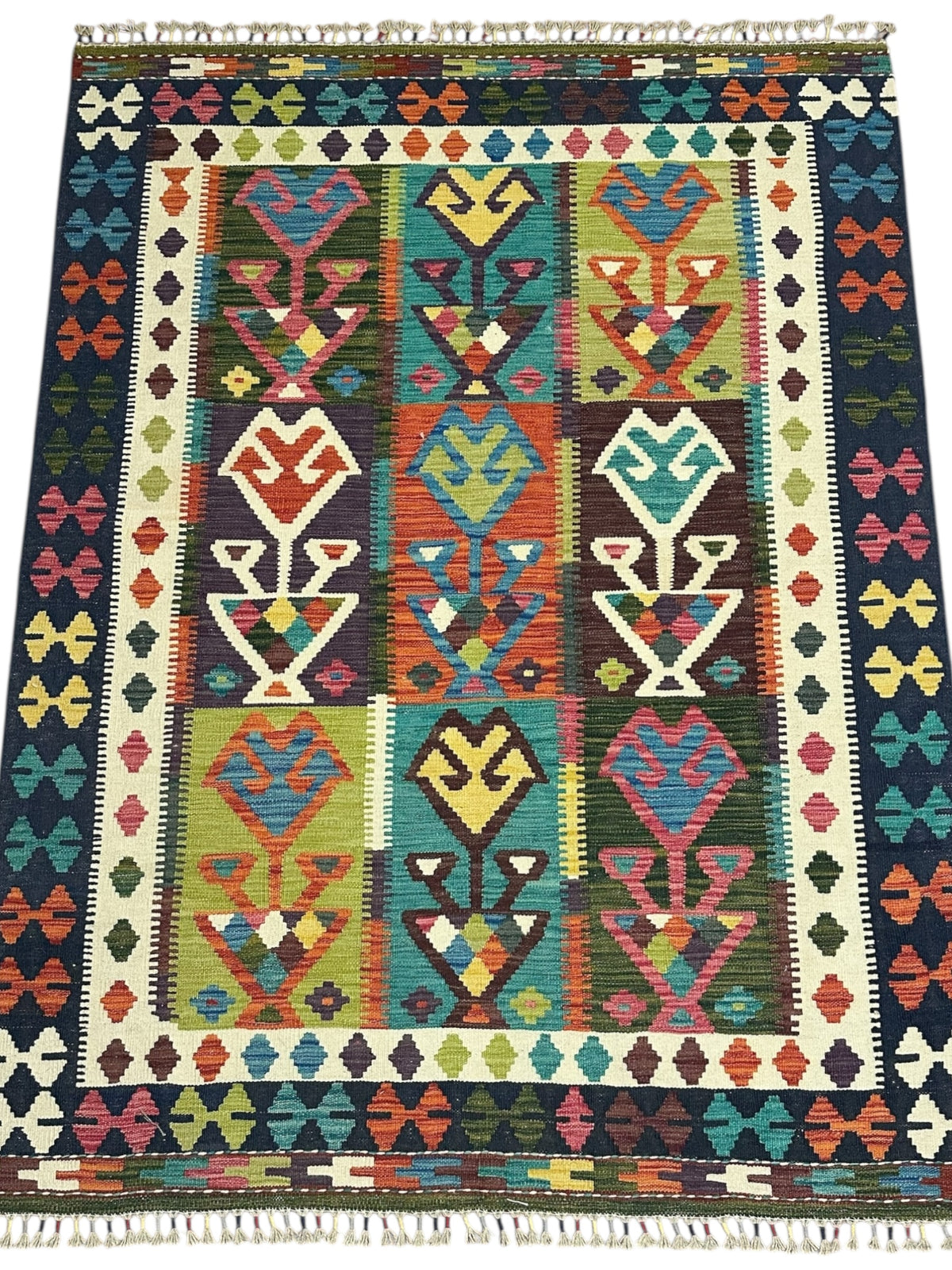 Afghan Kilim Rug 5x7, Navy, Ivory & Green, Hand-Woven Wool Flatweave, view 2