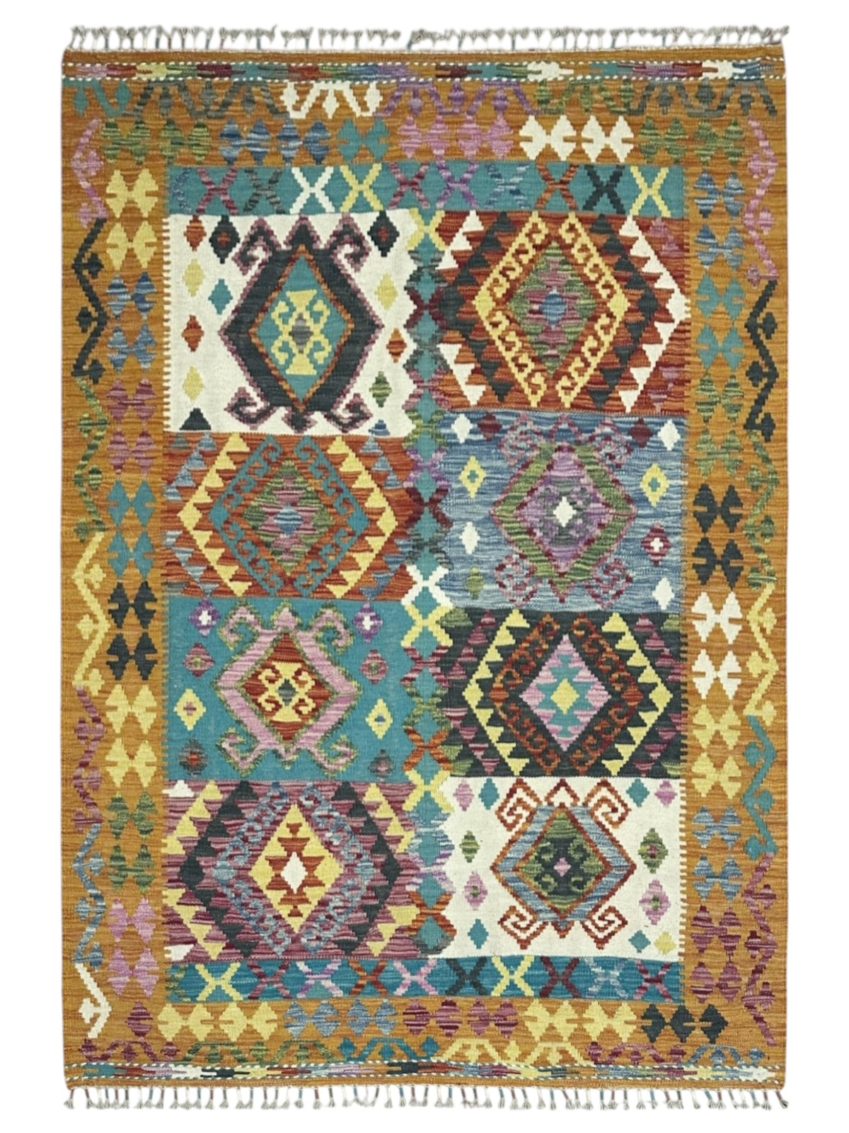 Afghan Kilim Rug 5x7, Gold, Teal & Ivory, Hand-Woven Wool Flatweave