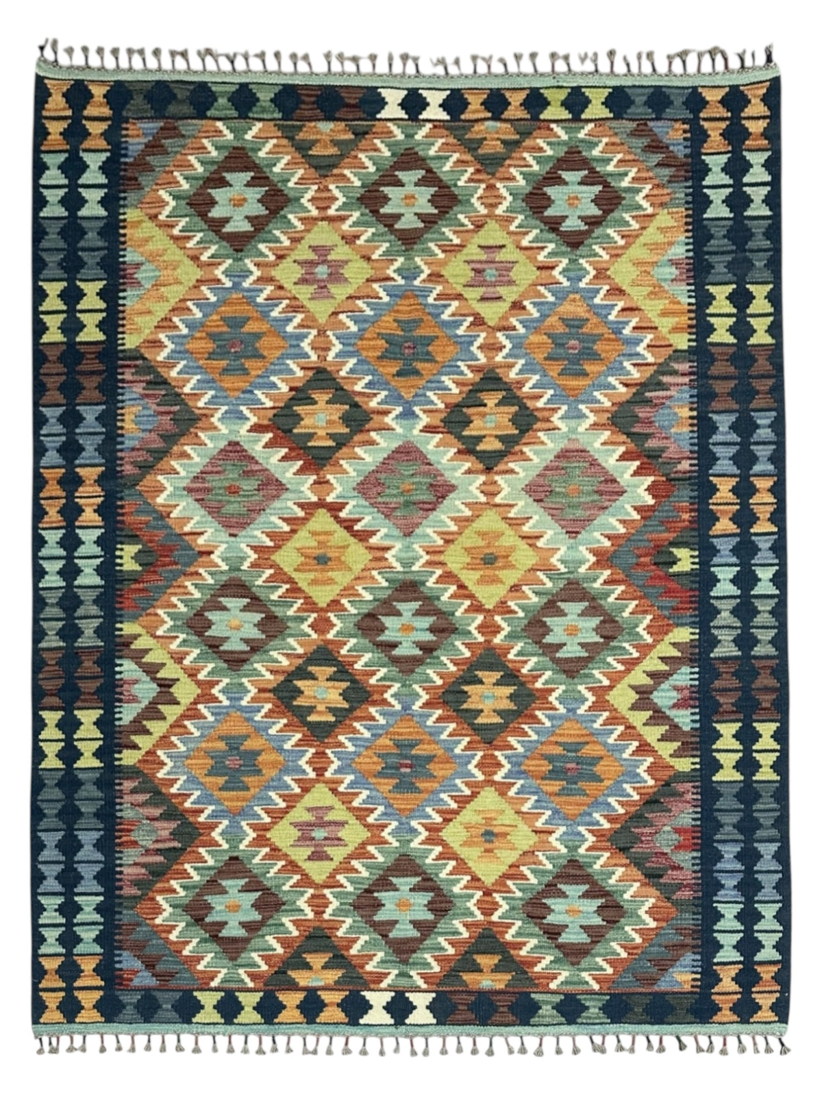 Afghan Kilim Rug 5x6, Navy, Orange & Gold, Hand-Woven Wool Flatweave