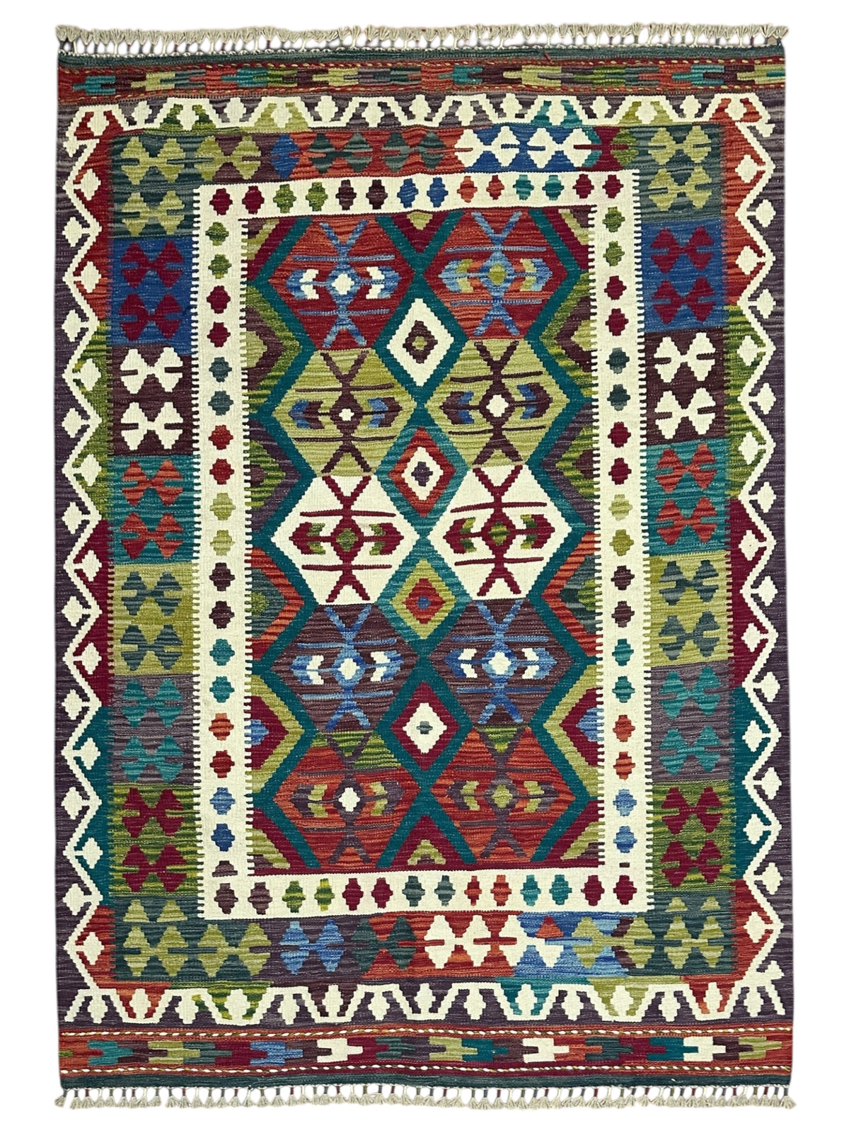 Afghan Kilim Rug 5x6, Red, Olive Green & Ivory, Hand-Woven Wool Flatweave