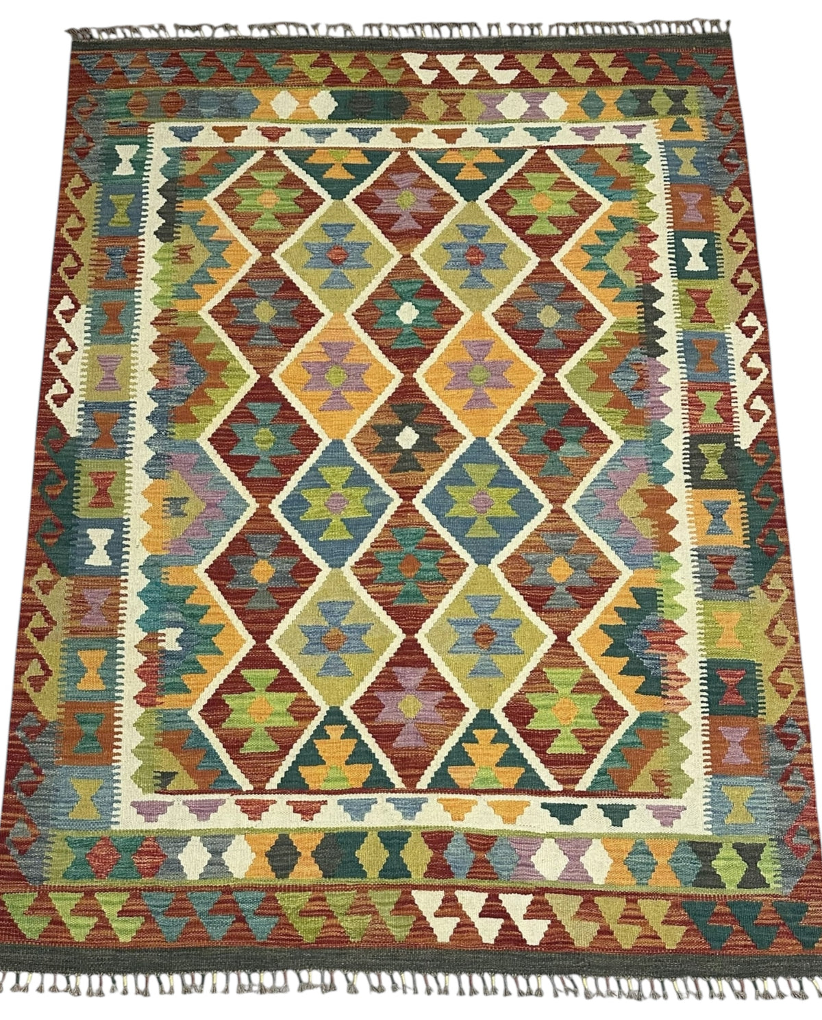 Afghan Kilim Rug 5x7, Rust, Olive Green & Ivory, Hand-Woven Wool Flatweave, view 2
