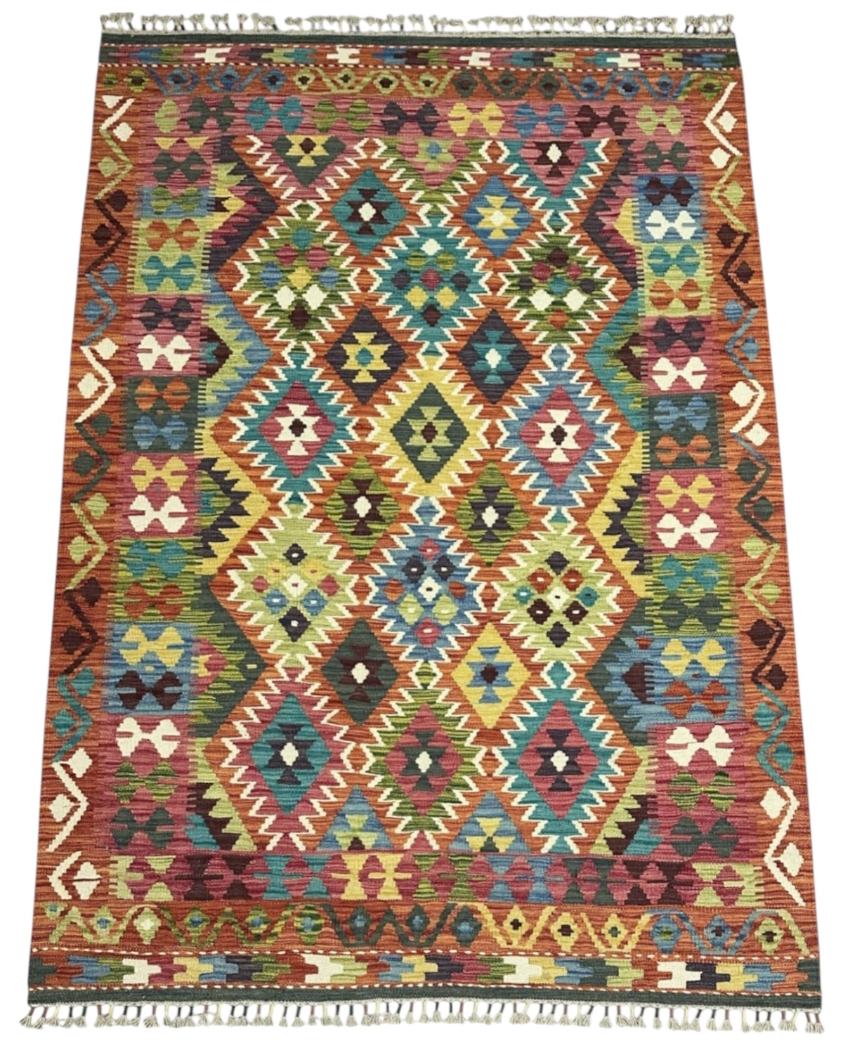 Afghan Kilim Rug 5x7, Rust, Teal & Gold, Hand-Woven Wool Flatweave, view 2