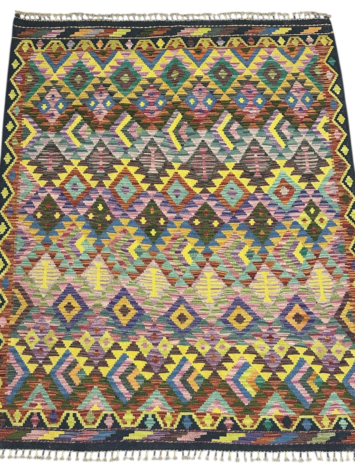 Afghan Kilim Rug 5x7, Yellow, Purple & Brown, Hand-Woven Wool Flatweave, view 2