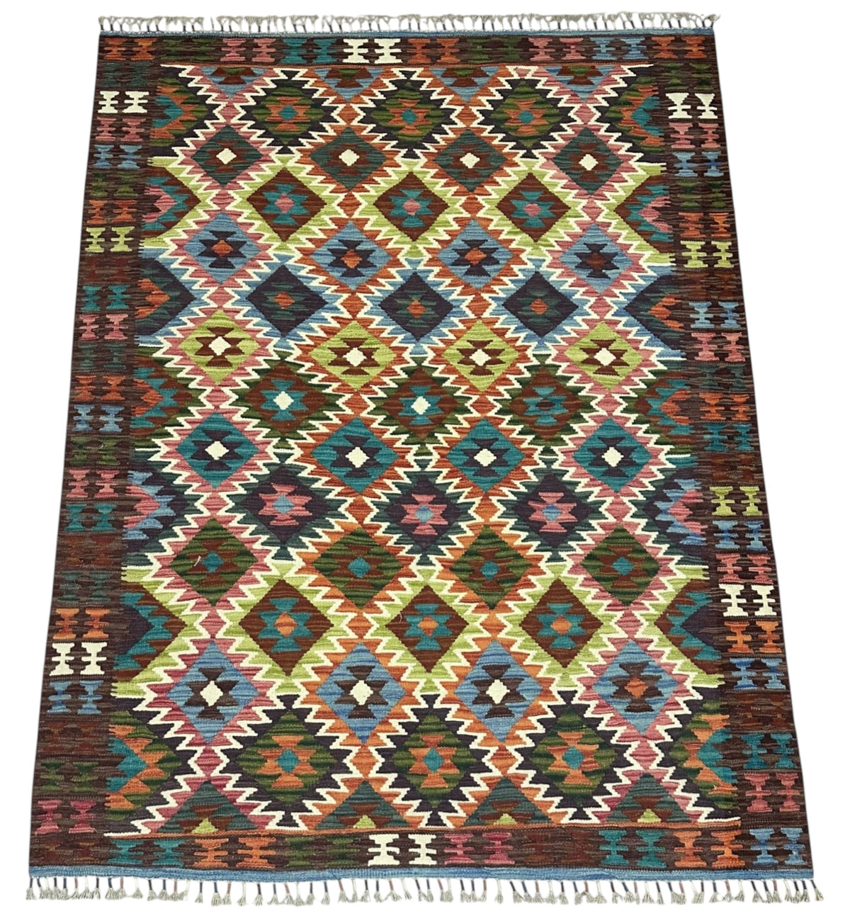 Afghan Kilim Rug 5x6, Brown, Rust & Teal, Hand-Woven Wool Flatweave, view 2