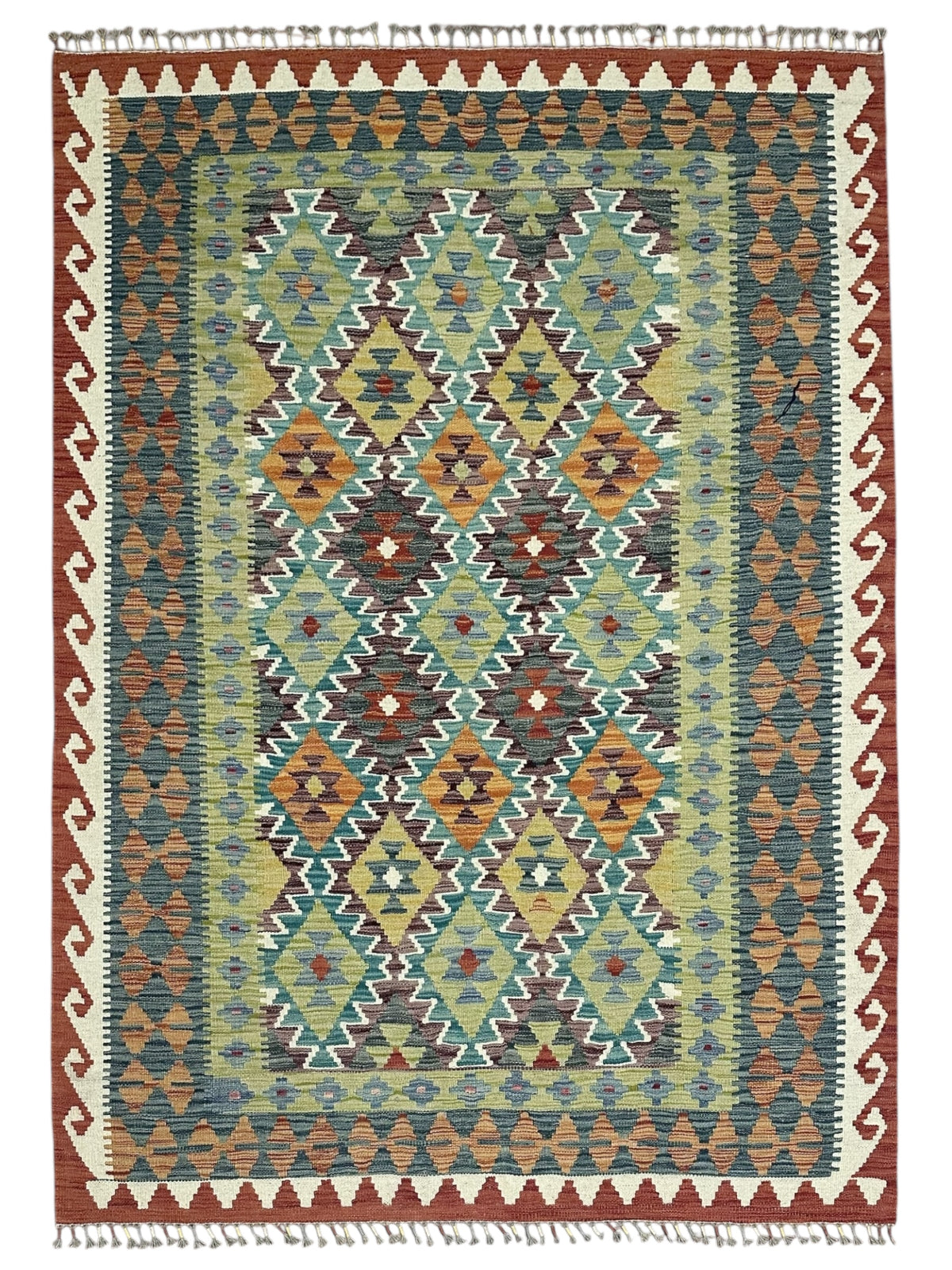 Afghan Kilim Rug 5x7, Olive Green, Rust & Teal, Hand-Woven Wool Flatweave