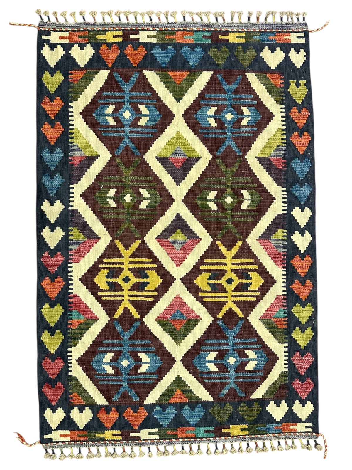 Afghan Kilim Rug 3x5, Brown, Ivory & Navy, Hand-Woven Wool Flatweave