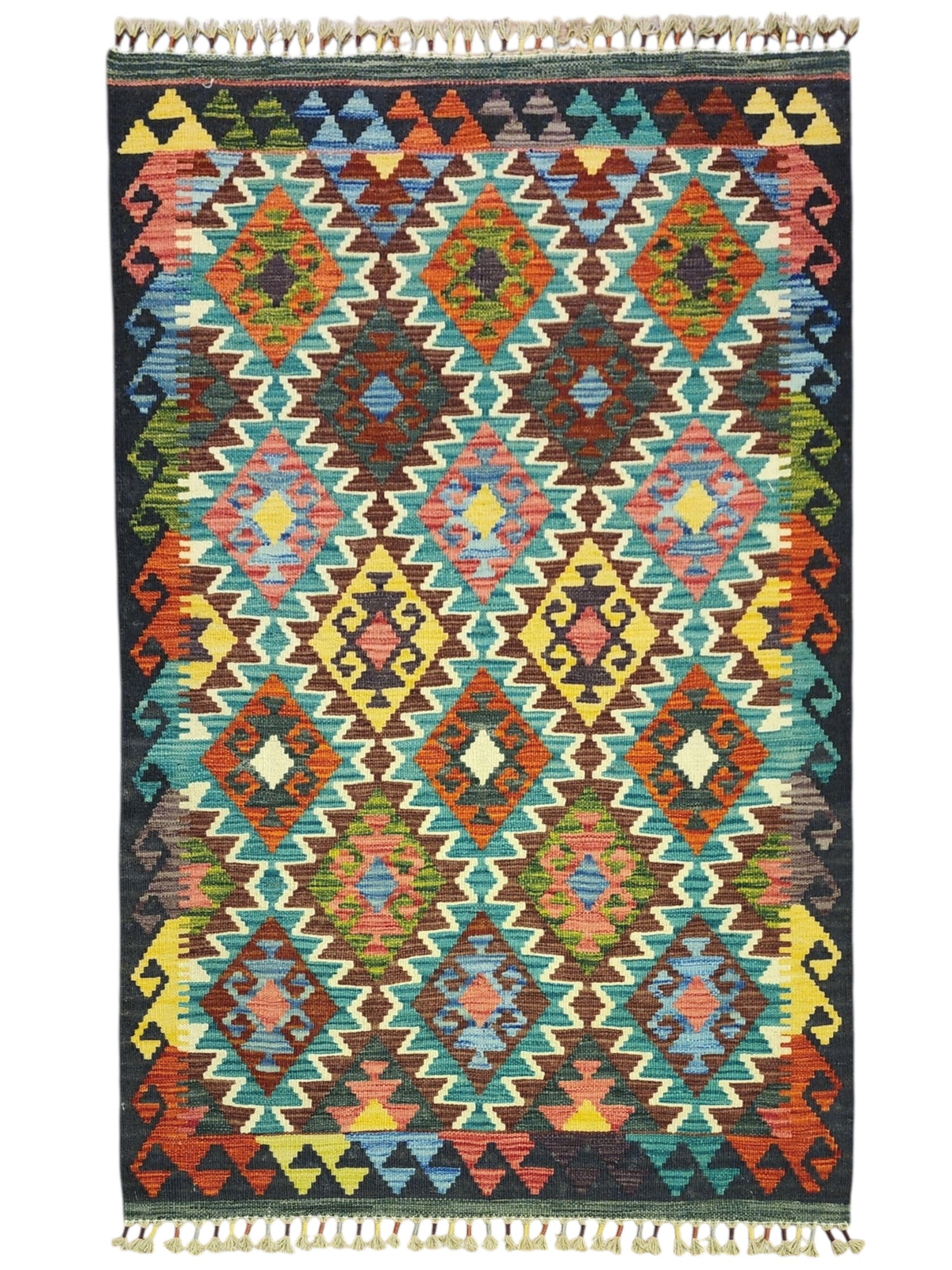 Afghan Kilim Rug 4x5, Teal, Rust & Navy, Diamond Lattice Wool Flatweave