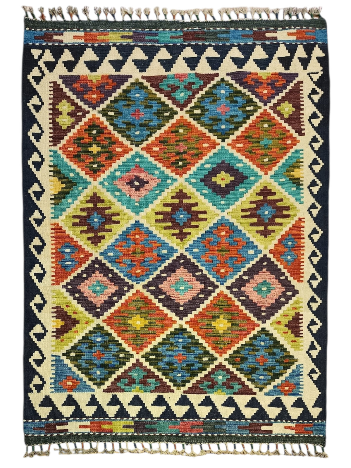 Afghan Kilim Rug 4x5, Navy, Ivory & Rust, Diamond Lattice Wool Flatweave