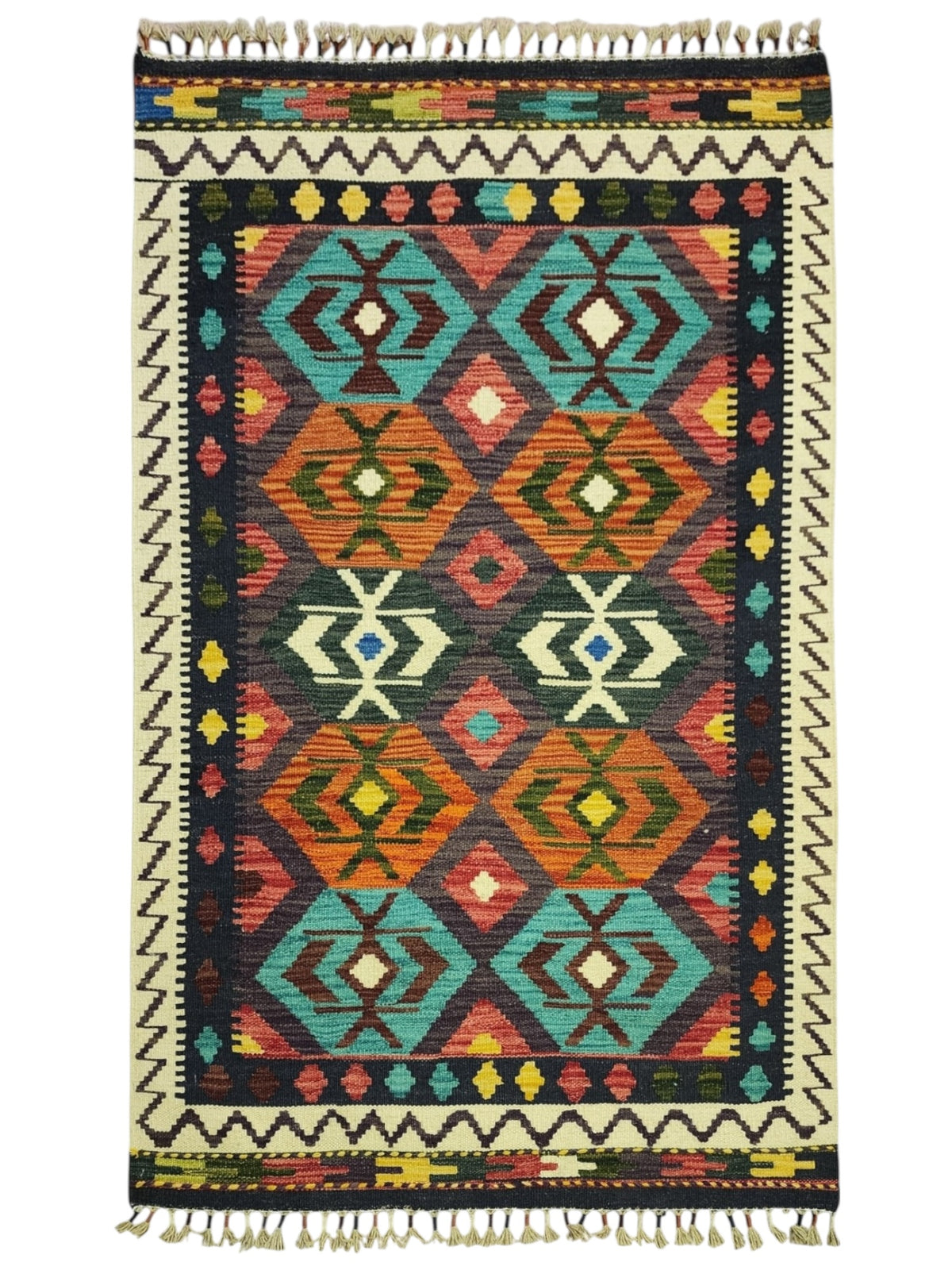 Afghan Kilim Rug 3x5, Navy, Orange & Teal, Diamond Lattice Wool Flatweave