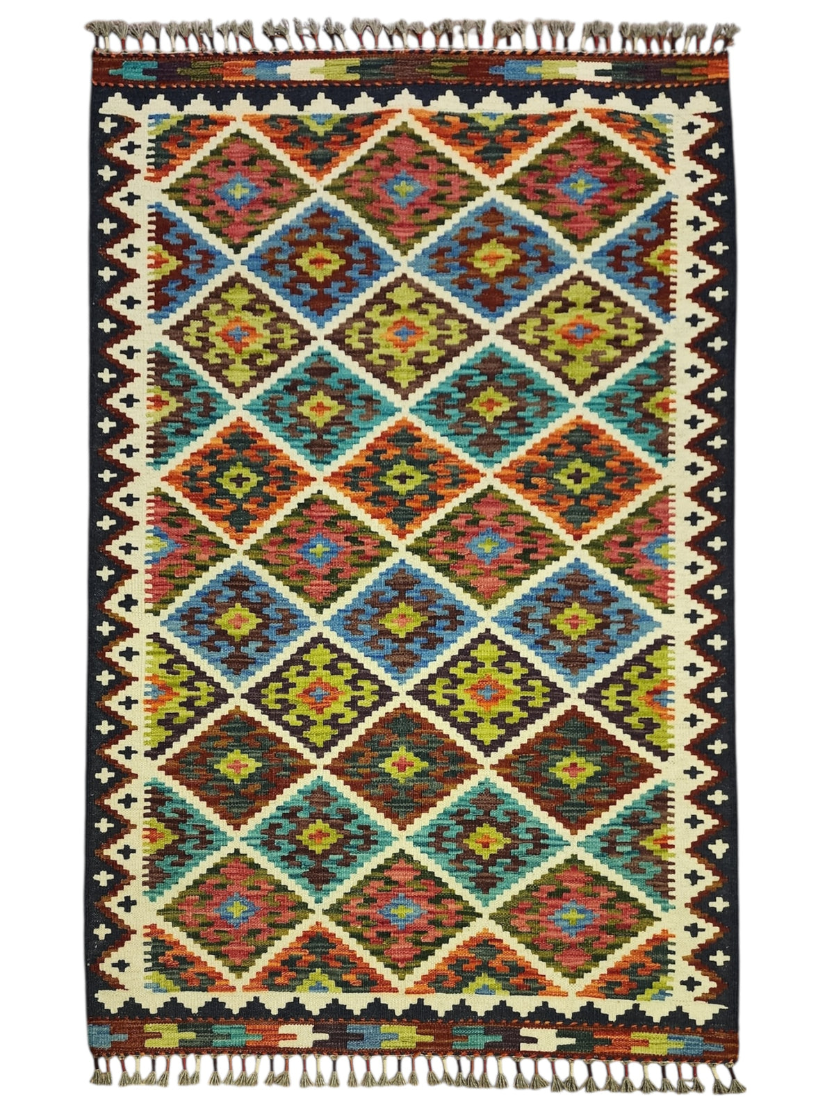 Afghan Kilim Rug 3x5, Rust, Olive Green & Blue, Diamond Lattice Wool Flatweave