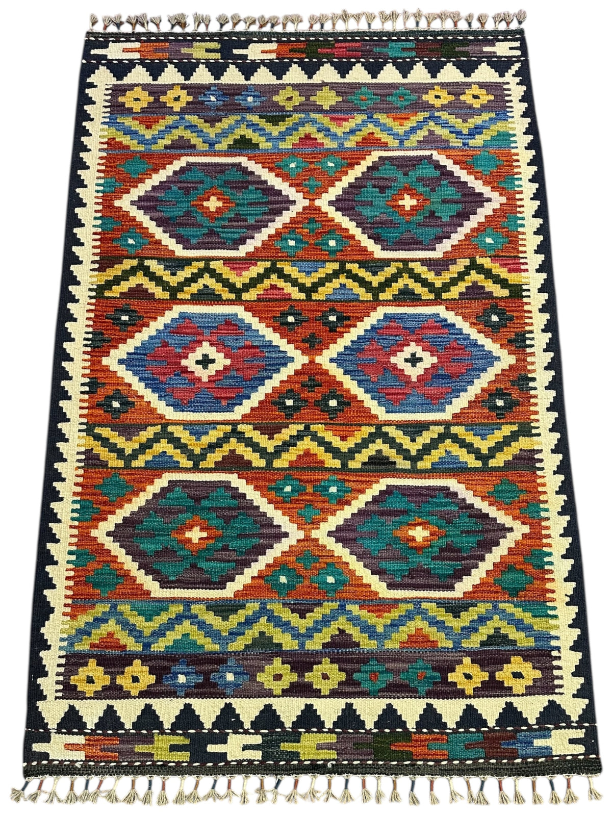 Afghan Kilim Rug 3x5, Rust, Navy & Teal, Hand-Woven Wool Flatweave, view 2