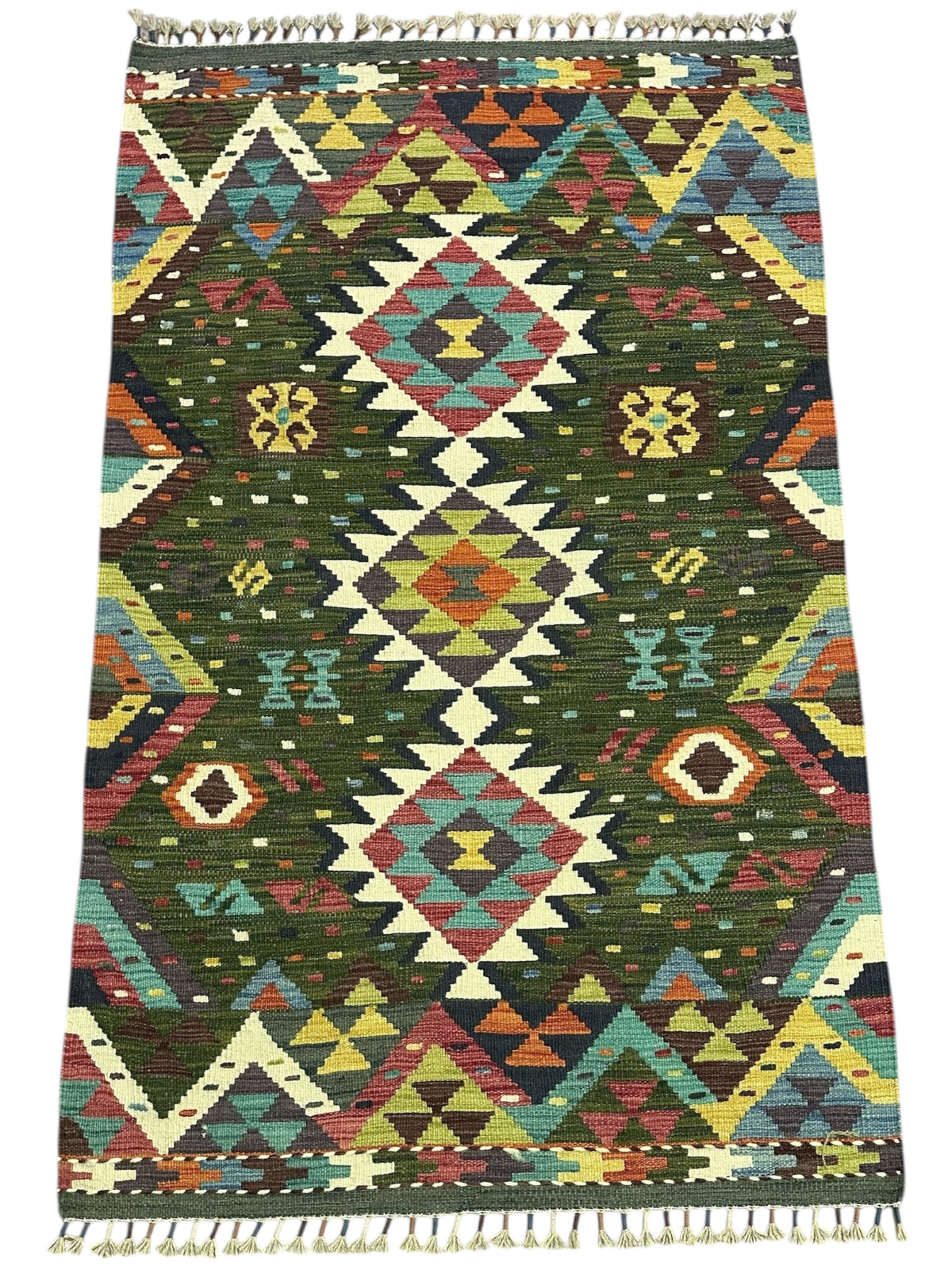 Afghan Kilim Rug 3x6, Green, Ivory & Teal, Hand-Woven Wool Flatweave, view 2
