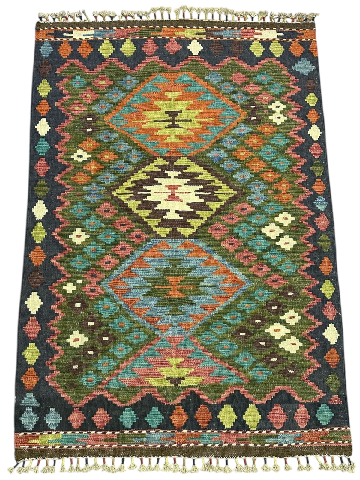 Afghan Kilim Rug 3x5, Green, Navy & Teal, Hand-Woven Wool Flatweave, view 2