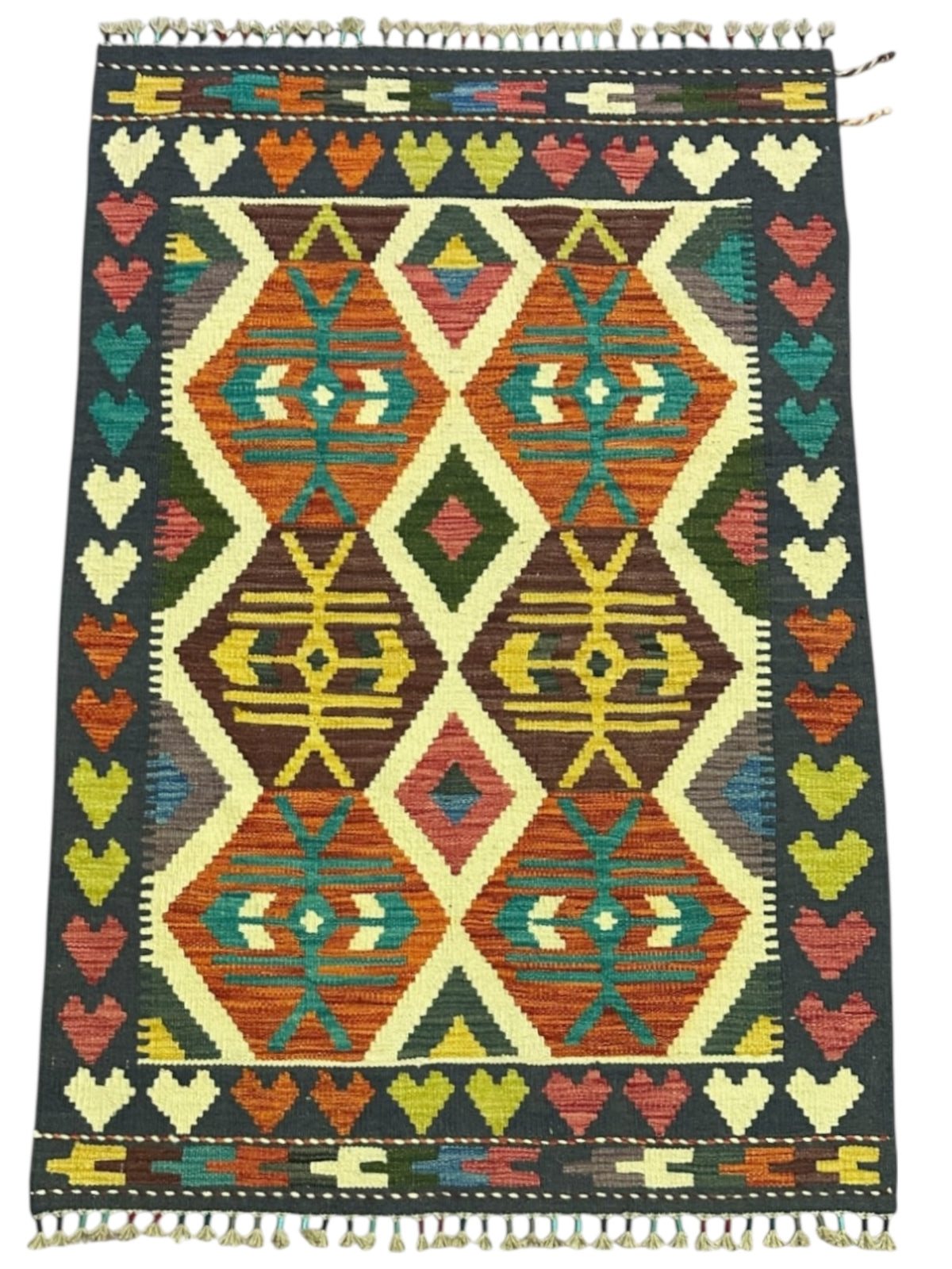Afghan Kilim Rug 3x5, Navy, Rust & Ivory, Diamond Lattice Wool Flatweave, view 2