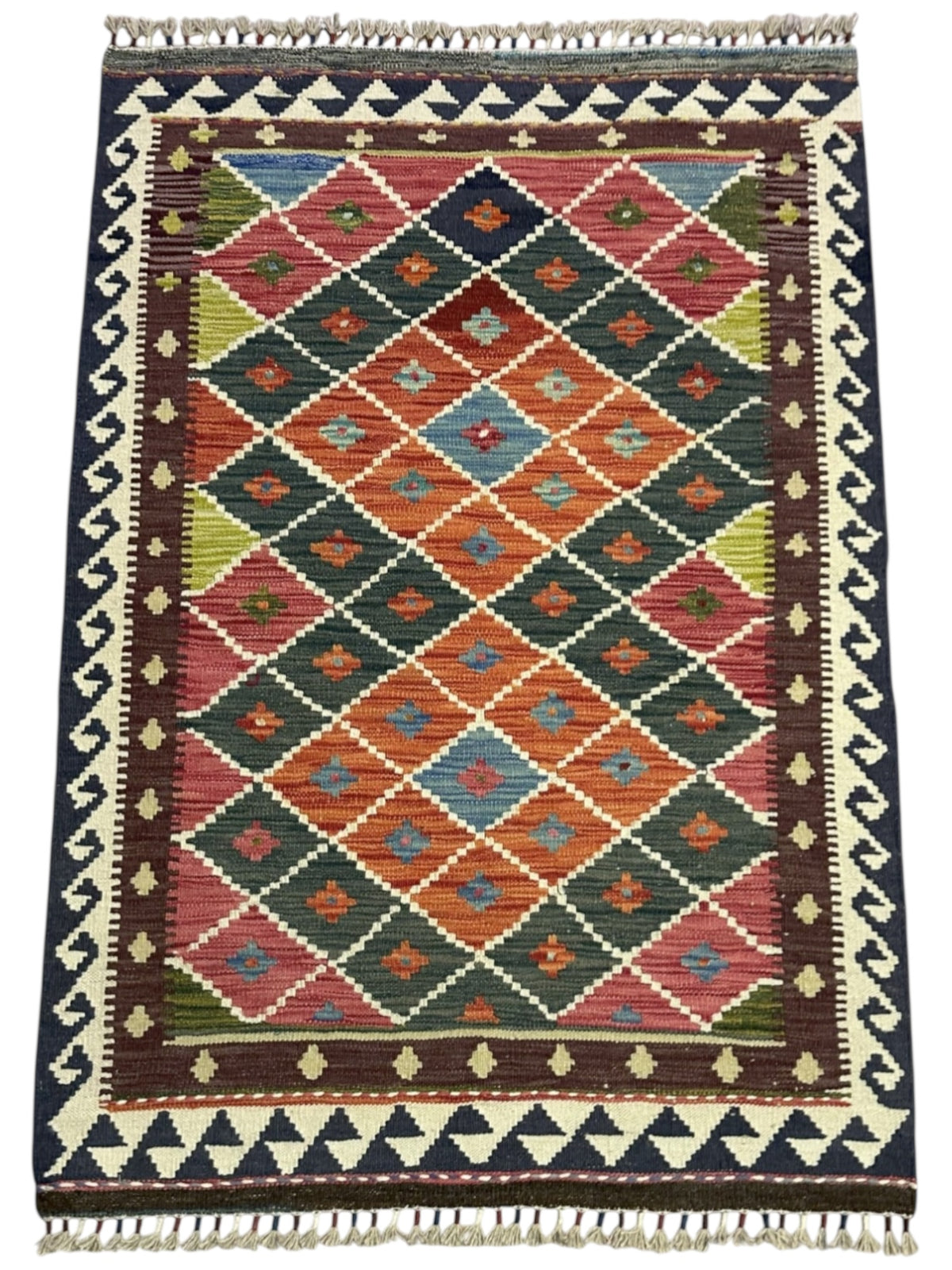 Afghan Kilim Rug 3x5, Green, Rust & Navy, Hand-Woven Wool Flatweave, view 2