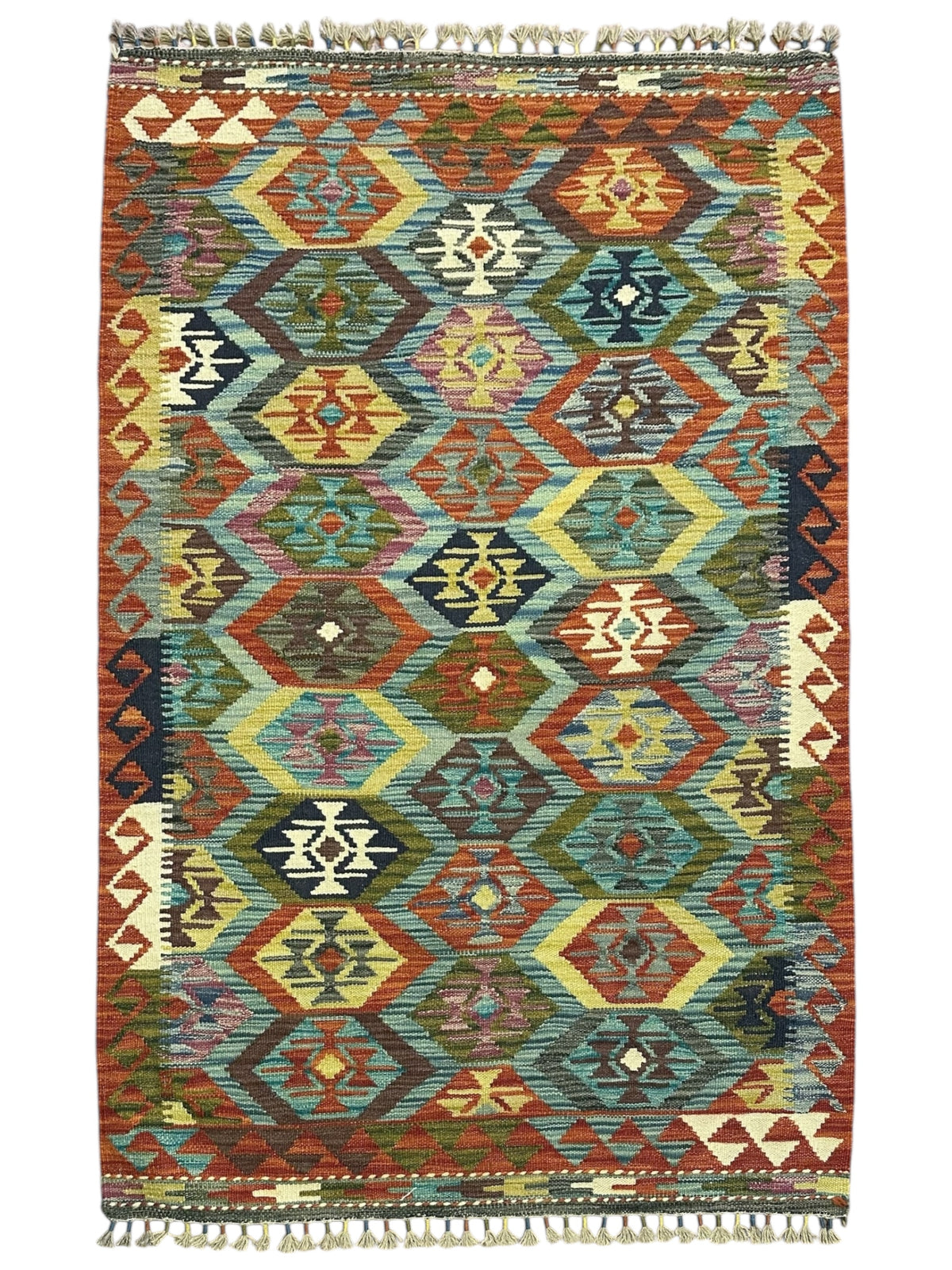 Afghan Kilim Rug 4x5, Rust, Teal & Olive Green, Hand-Woven Wool Flatweave