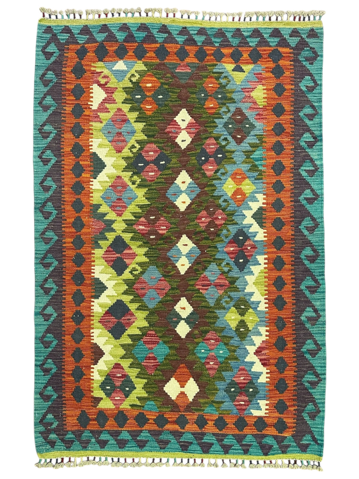 Afghan Kilim Rug 3x5, Teal, Orange & Olive Green, Hand-Woven Wool Flatweave