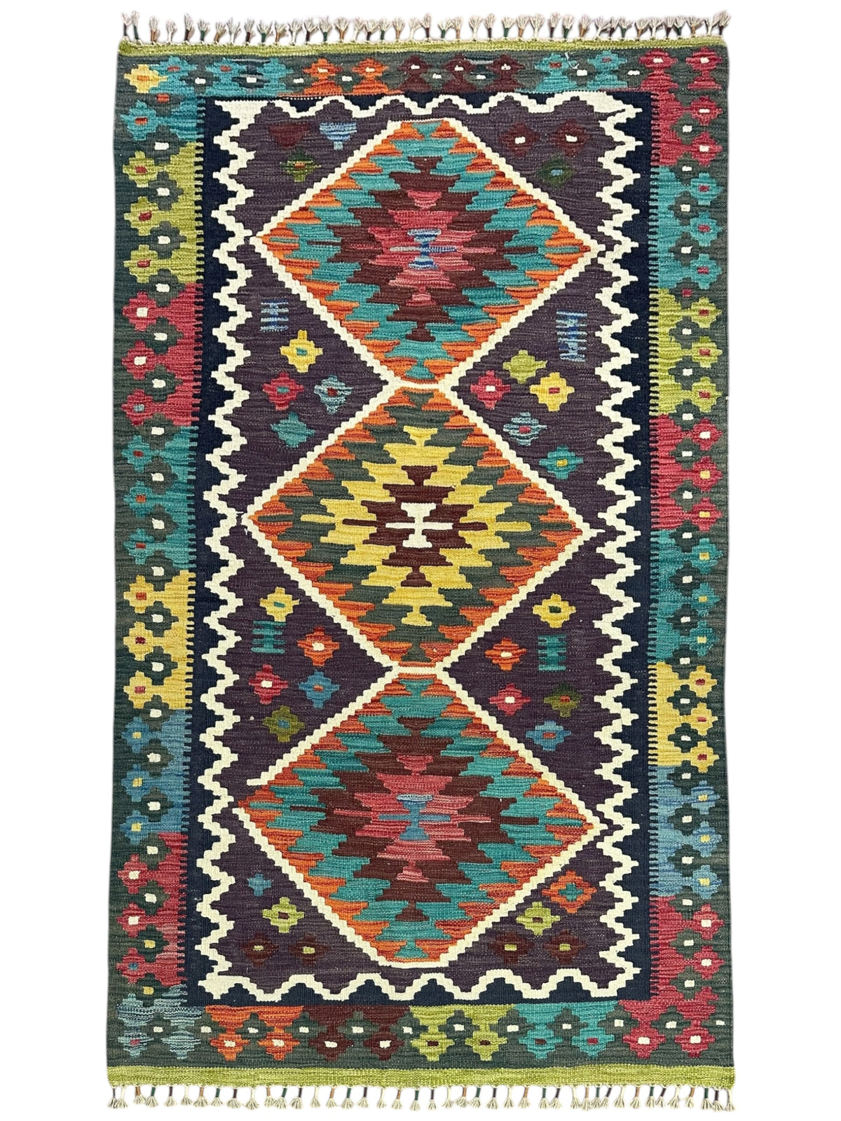 Afghan Kilim Rug 4x6, Purple, Teal & Olive Green, Hand-Woven Wool Flatweave