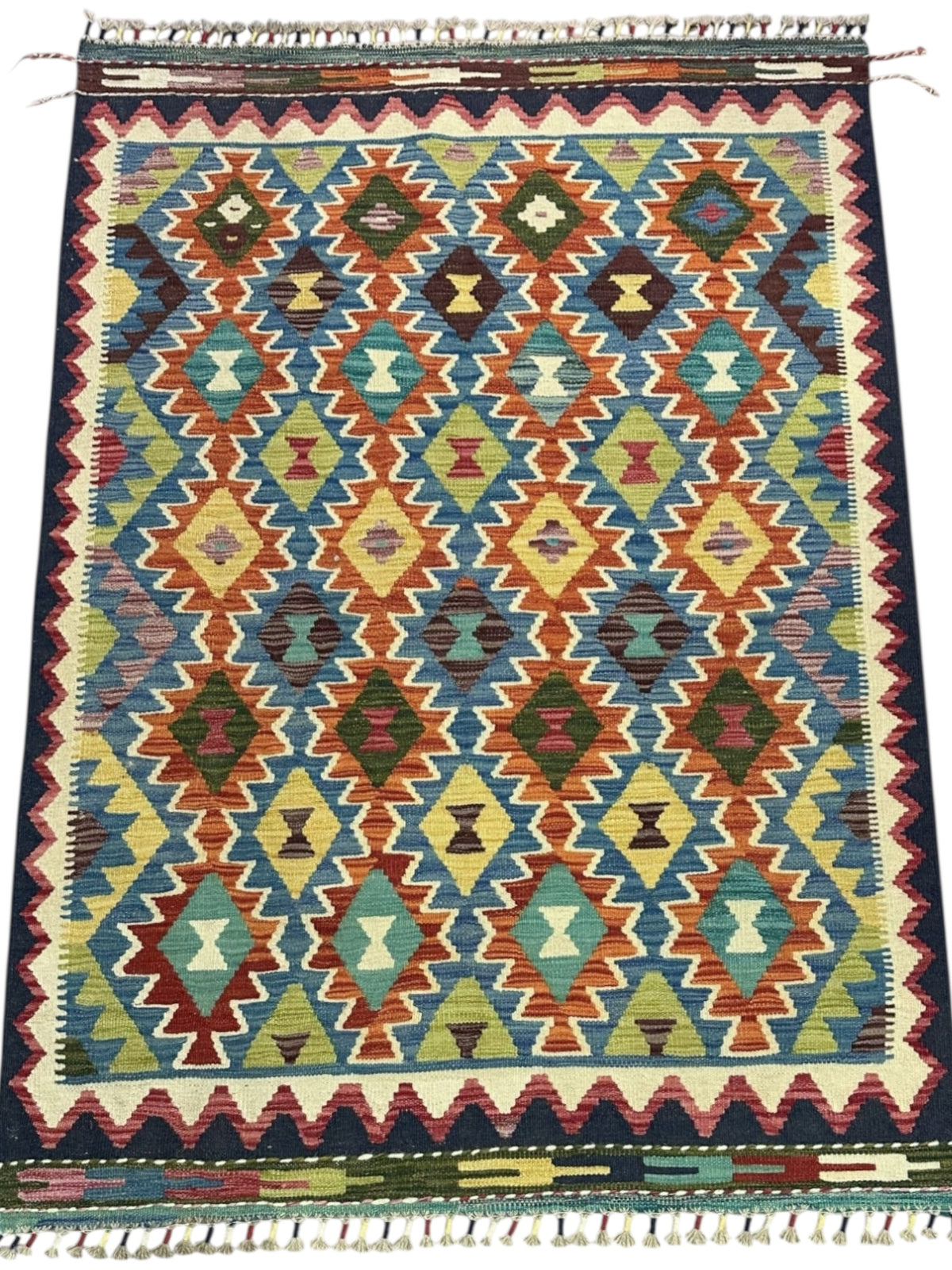 Afghan Kilim Rug 4x6, Olive Green, Teal & Rust, Hand-Woven Wool Flatweave, view 2