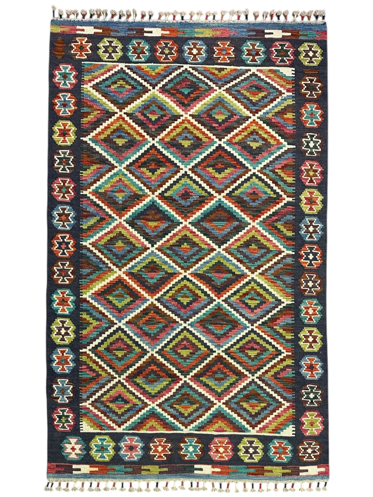 Afghan Kilim Rug 4x6, Navy, Rust & Teal, Hand-Woven Wool Flatweave