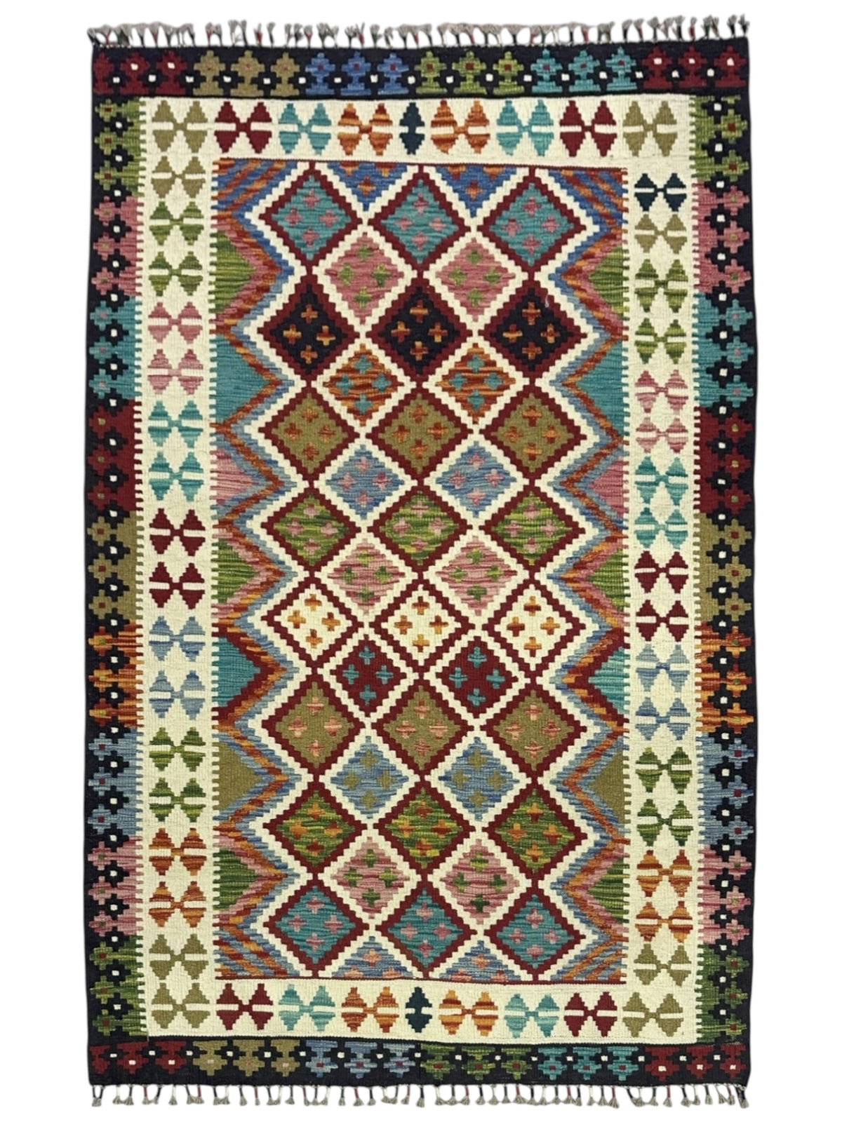 Afghan Kilim Rug 4x6, Ivory, Rust & Brown, Hand-Woven Wool Flatweave