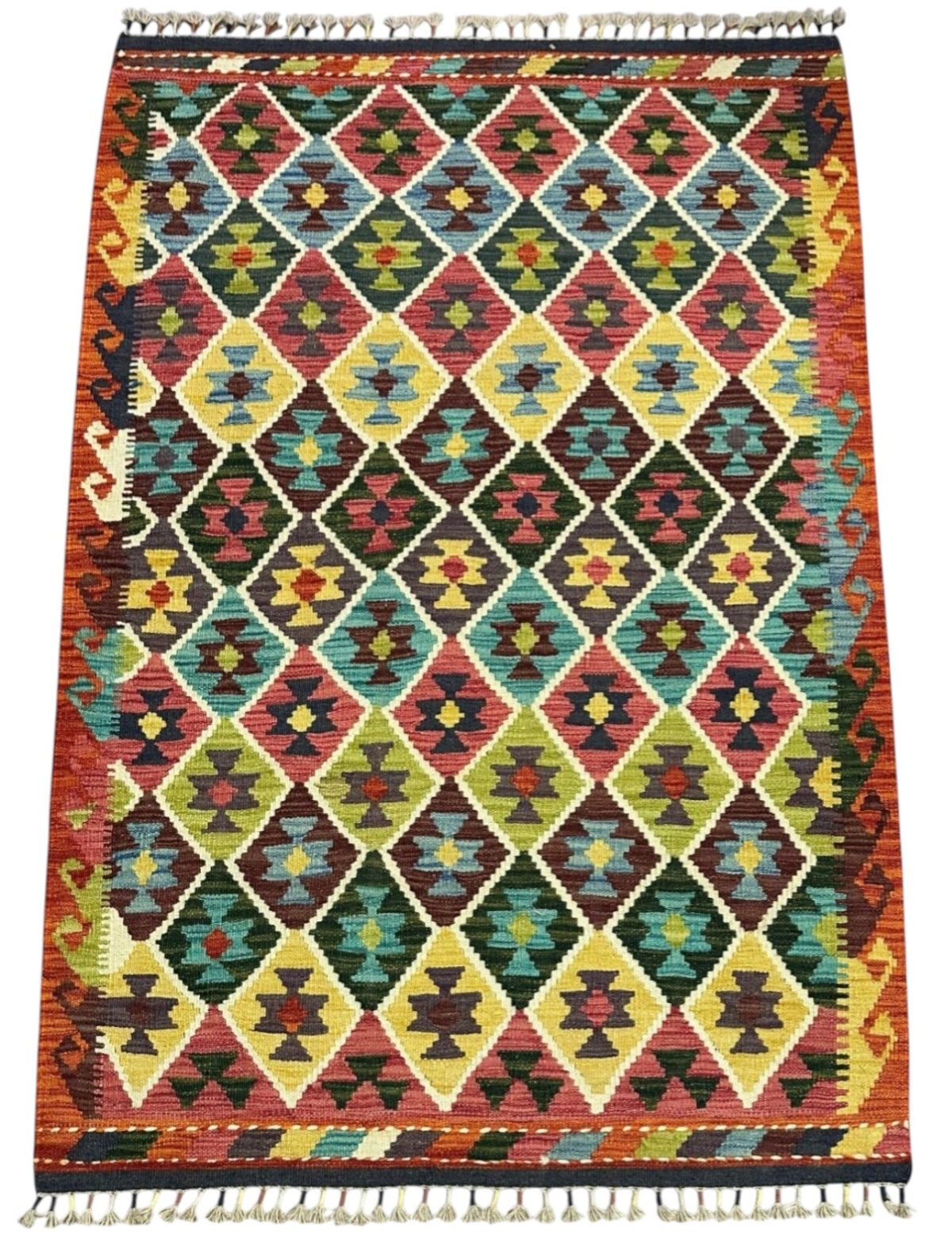 Afghan Kilim Rug 4x5, Rust, Ivory & Navy, Hand-Woven Wool Flatweave, view 2