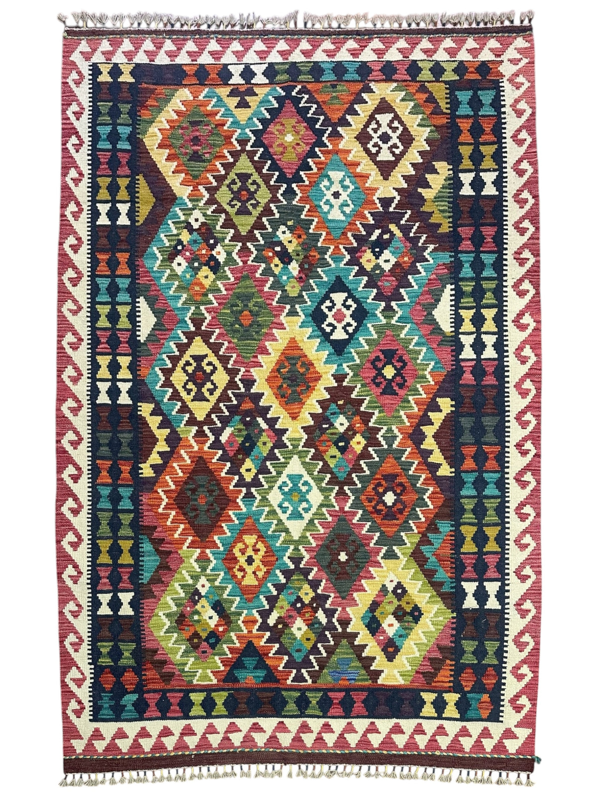 Afghan Kilim Rug 5x7, Navy, Pink & Rust, Hand-Woven Wool Flatweave
