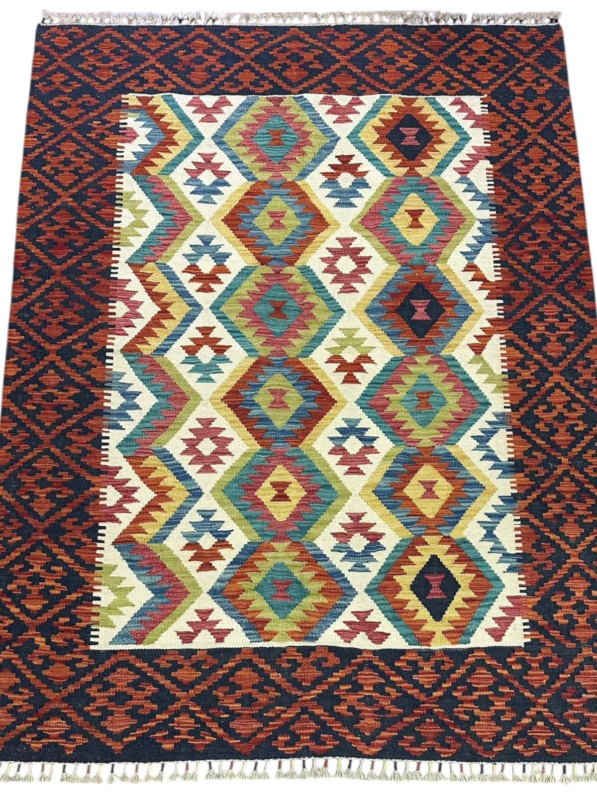 Afghan Kilim Rug 5x7, Rust, Navy & Ivory, Hand-Woven Wool Flatweave, view 2