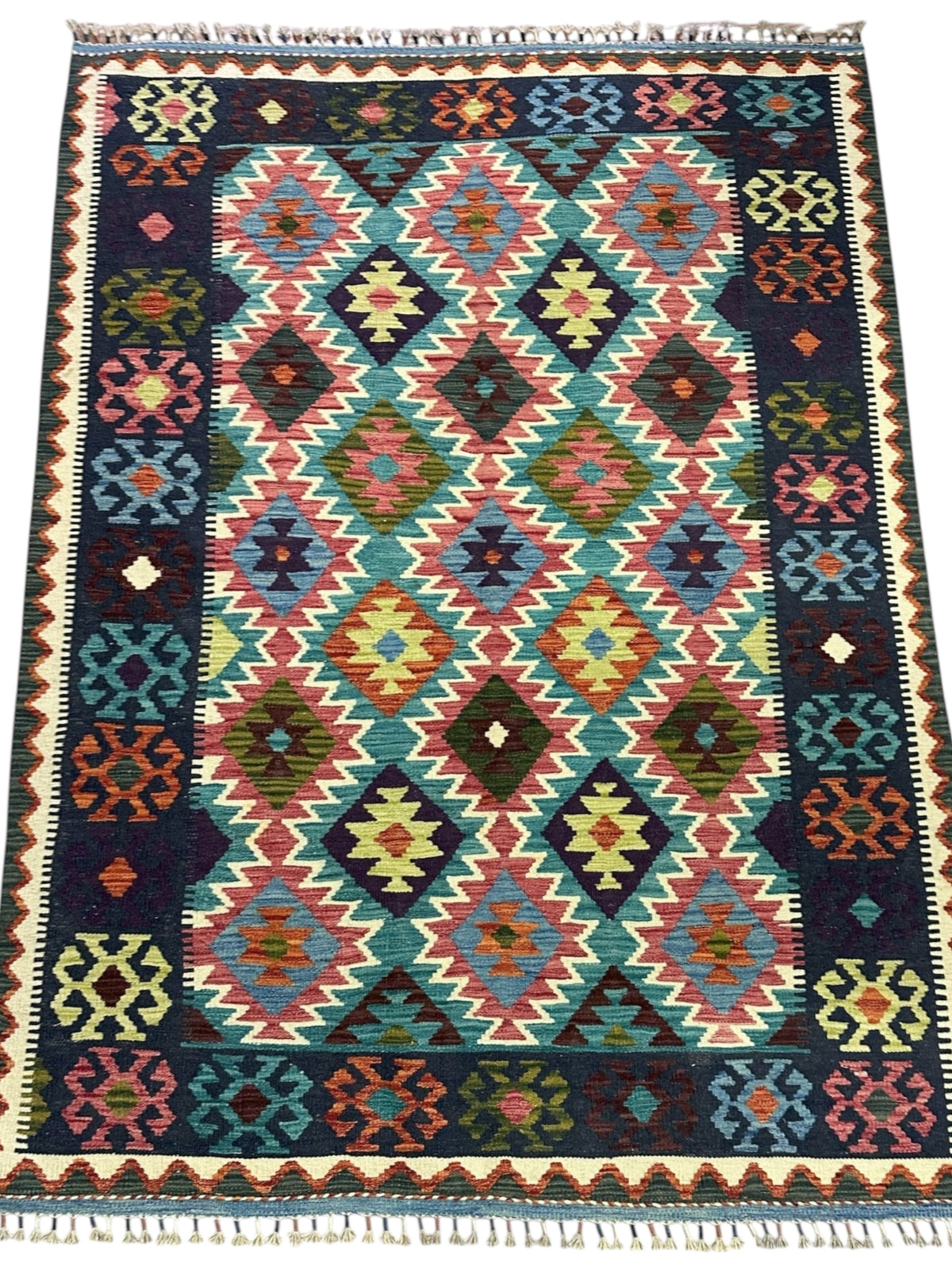 Afghan Kilim Rug 5x7, Navy, Teal & Pink, Hand-Woven Wool Flatweave, view 2